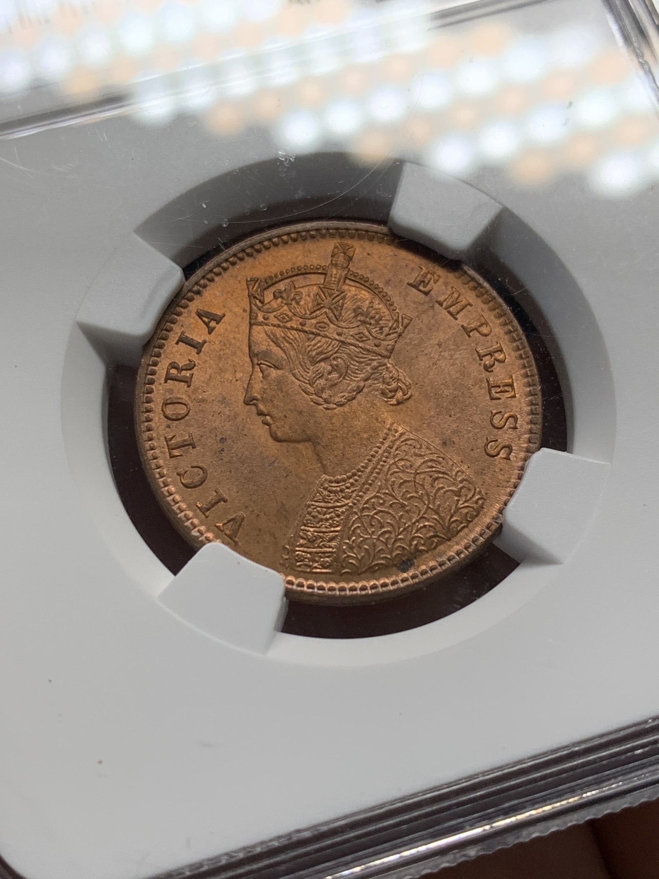 《竞宝斋》第208场-周日，周一 2场 (全场包邮) NGC MS65RB 英属印度1889年维多利亚1/4安娜铜币