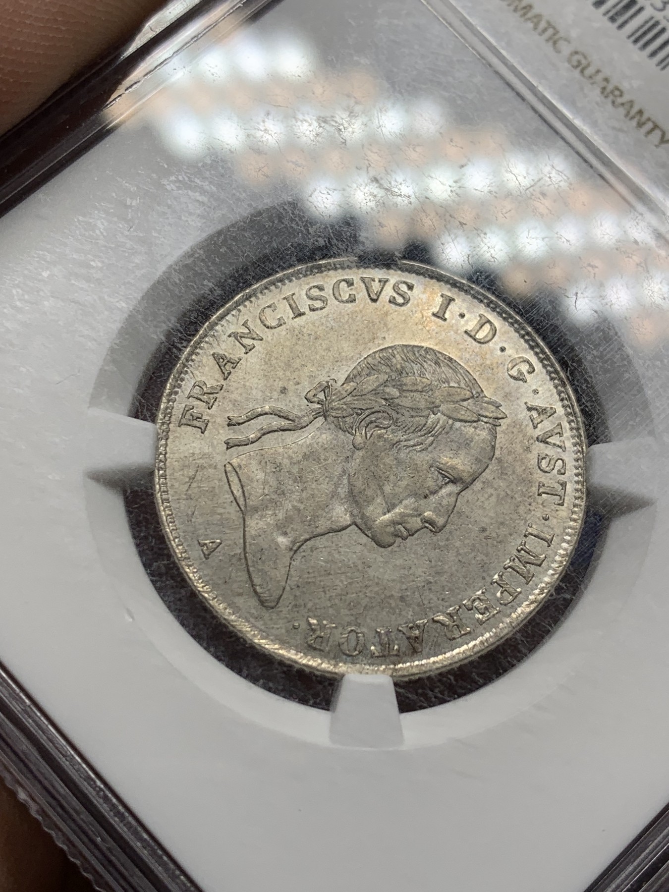 《竞宝斋》第208场-周日，周一 2场 (全场包邮) NGC-AU58 奥匈帝国20克鲁泽银币 1831年A 低评了 两面底板带转光 深打 亚军分 更高只有2枚