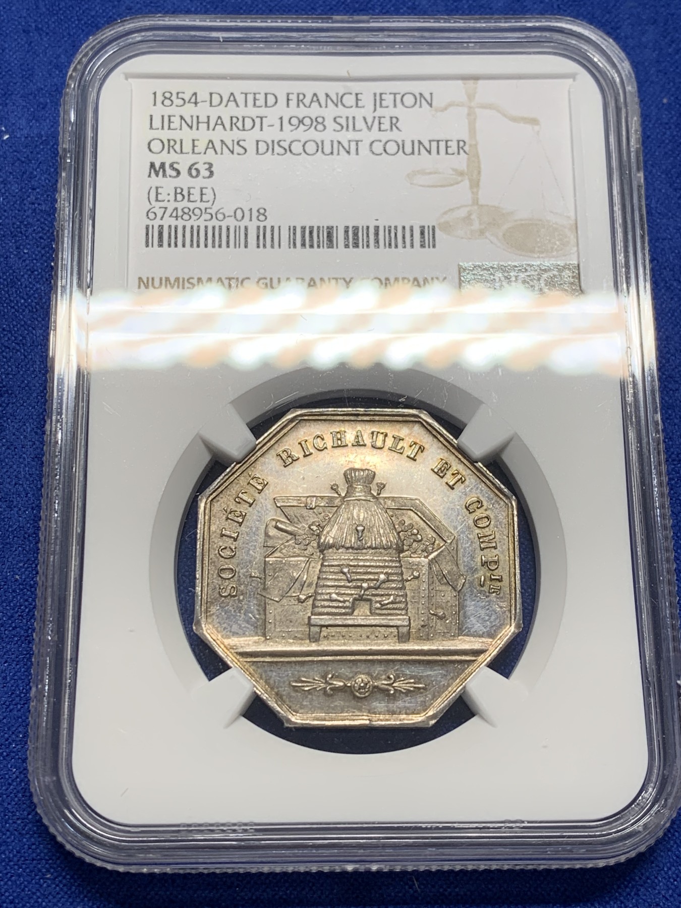 《竞宝斋》第208场-周日，周一 2场 (全场包邮) NGC MS63 法国1854利恩哈特储蓄八角银质代币