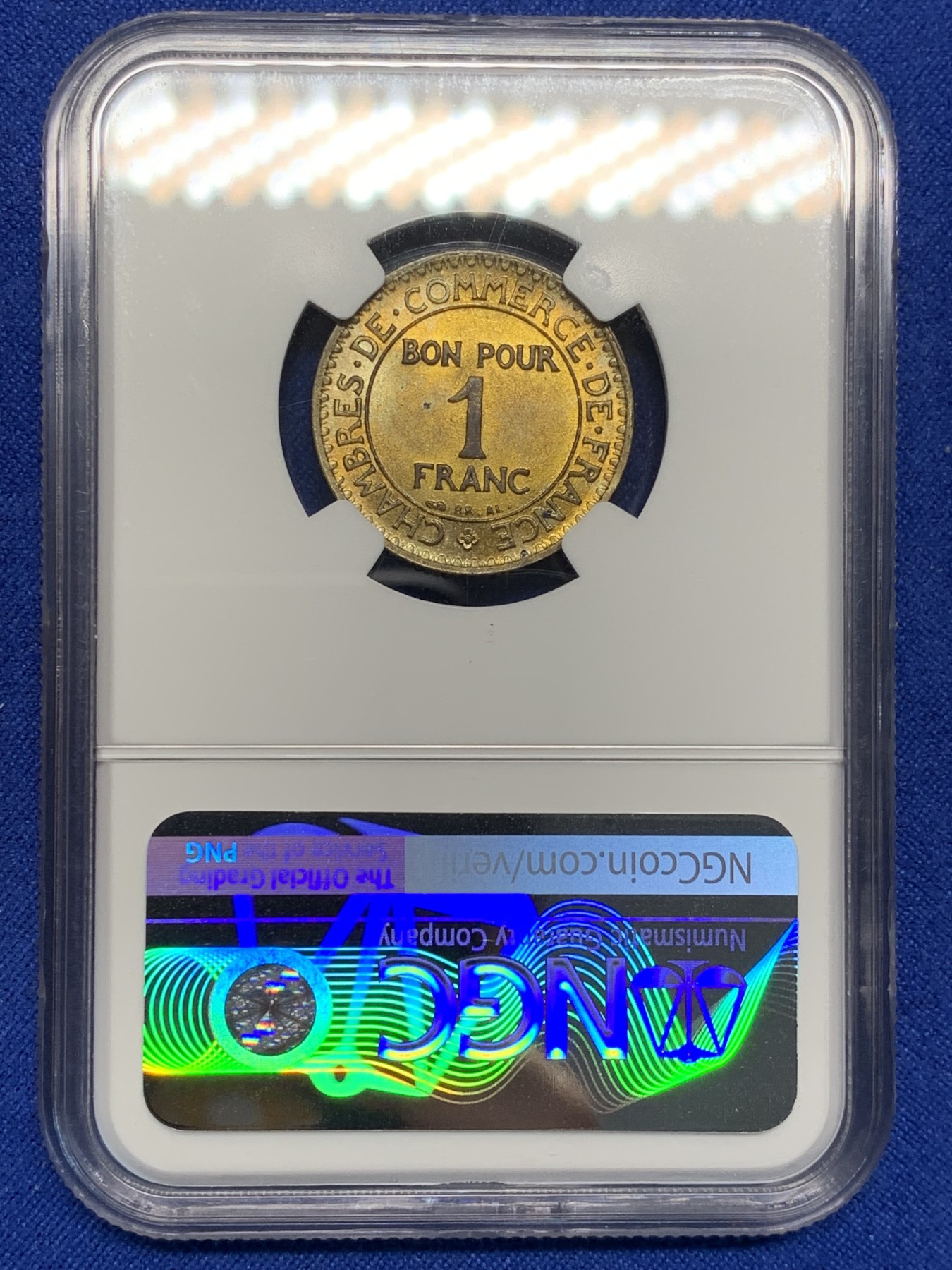 《竞宝斋》第208场-周日，周一 2场 (全场包邮) NGC MS63 法国1922年1法郎星神铜币