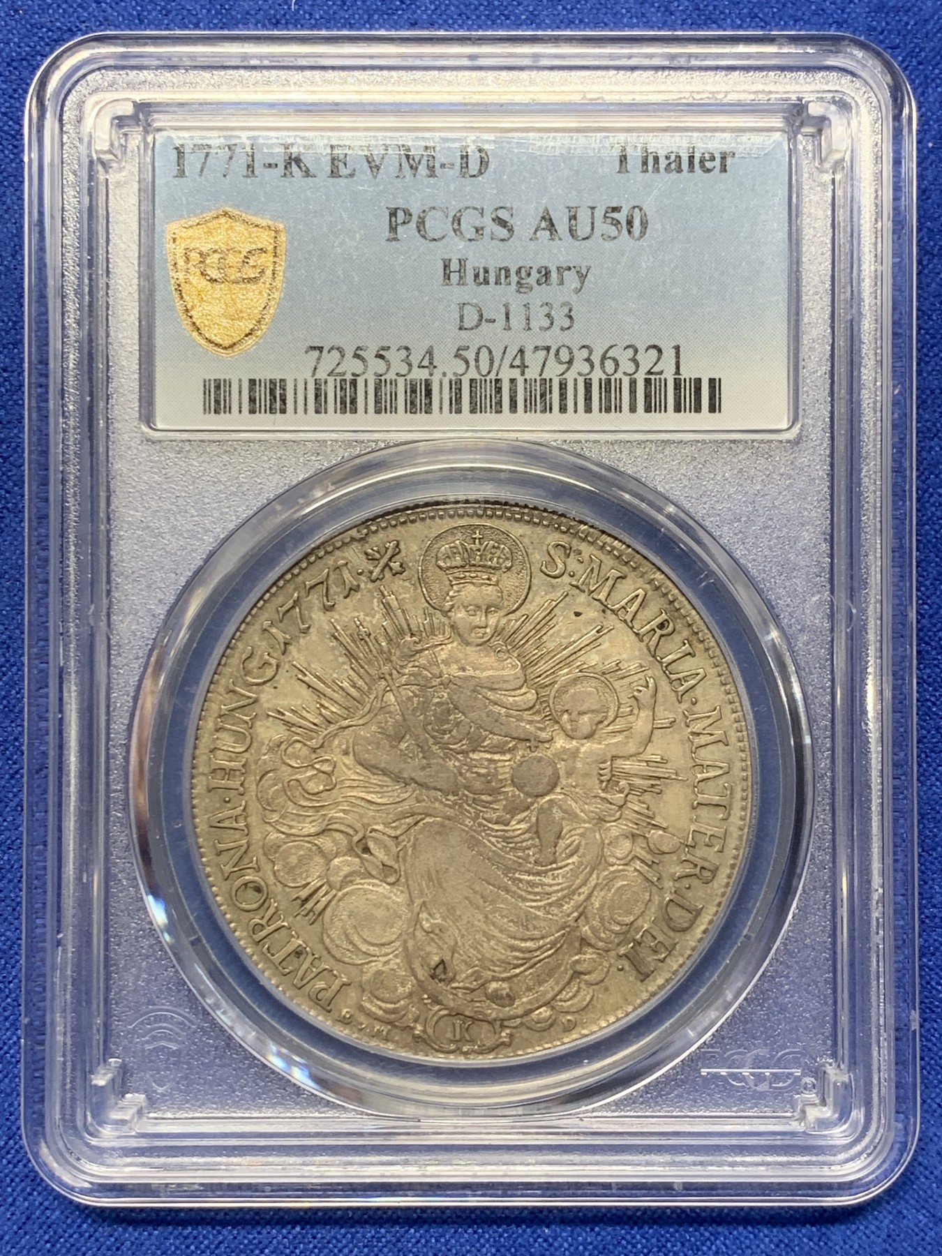 《竞宝斋》第208场-周日，周一 2场 (全场包邮) PCGS AU50 匈牙利1771-K EVM-D版圣母抱子1泰勒银币，少见版唯一冠军分，五彩包浆