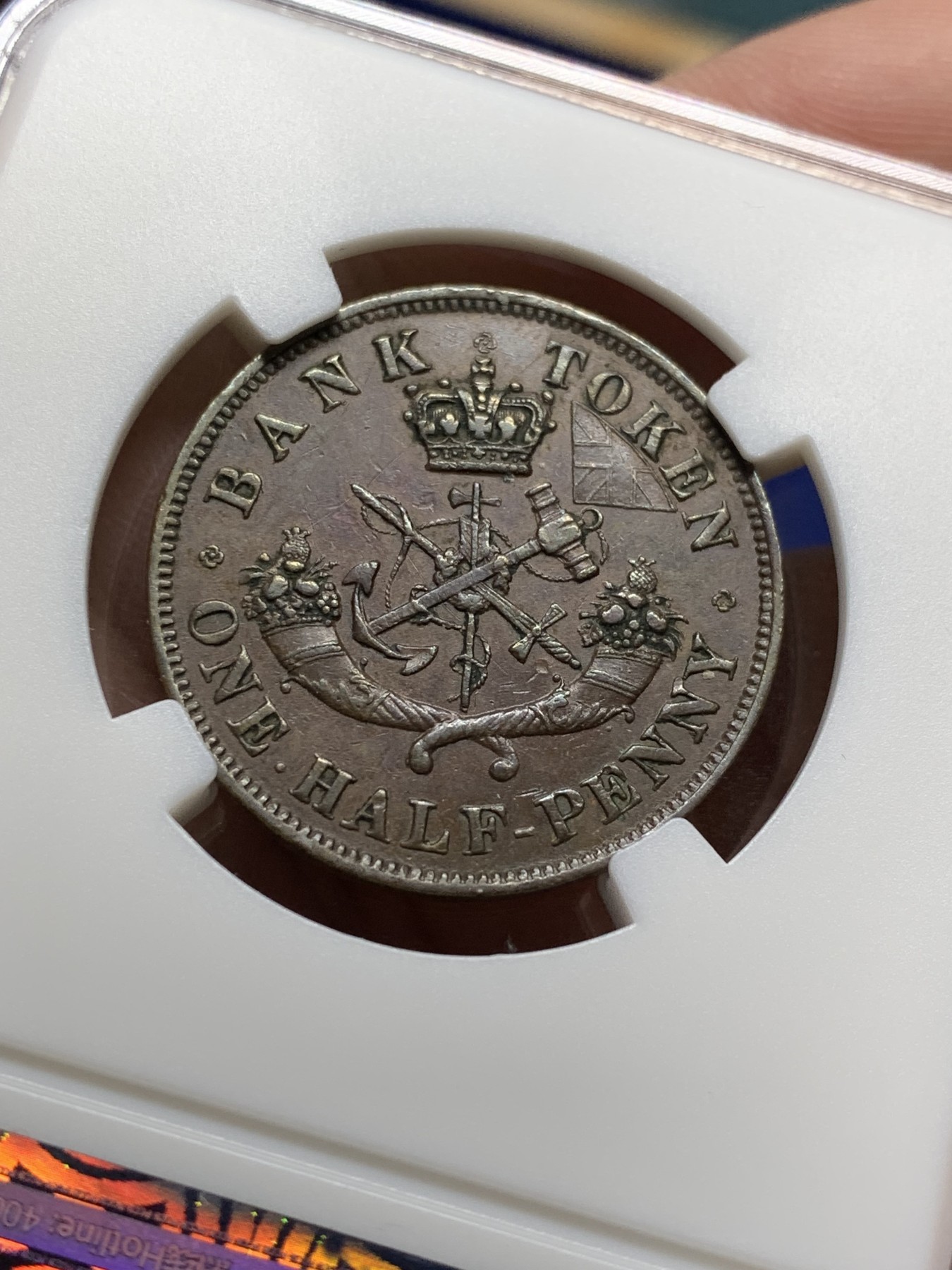 《竞宝斋》第208场-周日，周一 2场 (全场包邮) 铜代币两枚一组 加拿大安大略省马剑 1857年1便士+1854年半便士，稀有题材，值得收藏