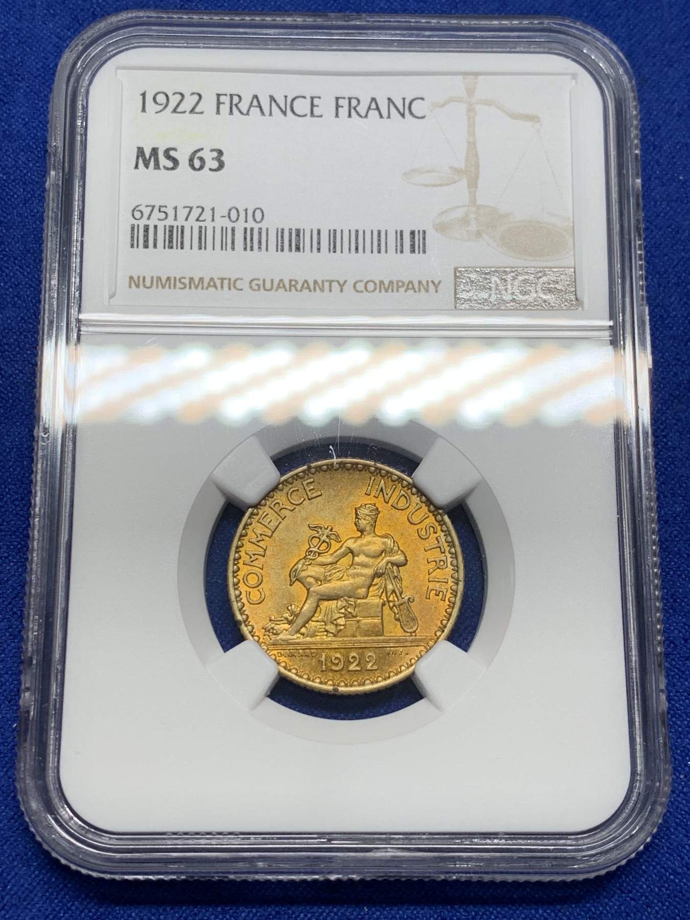 《竞宝斋》第208场-周日，周一 2场 (全场包邮) NGC MS63 法国1922年1法郎星神铜币