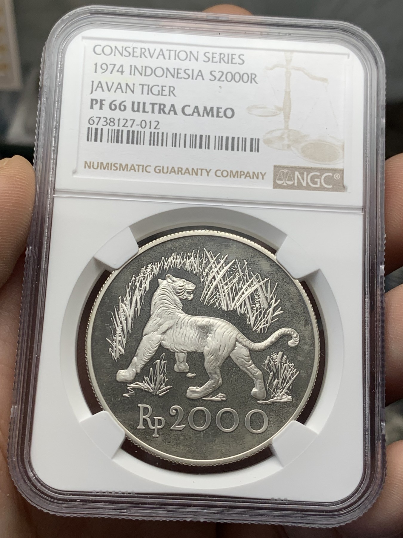 《竞宝斋》第208场-周日，周一 2场 (全场包邮) NGC-PF66UC 印度尼西亚1974年猛虎精制银币 热门品种