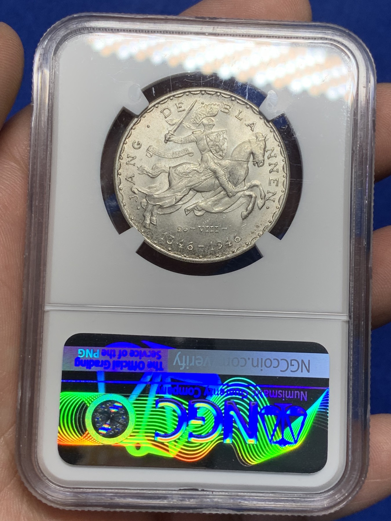 《竞宝斋》第208场-周日，周一 2场 (全场包邮) NGC-MS63 卢森堡1946年盲人约翰50法郎马剑银币