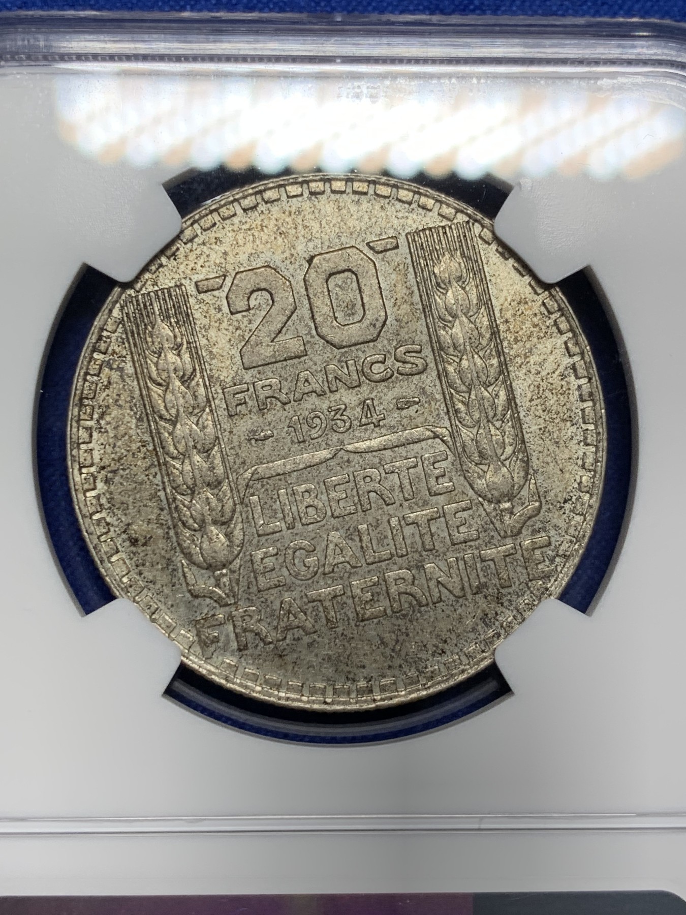 《竞宝斋》第208场-周日，周一 2场 (全场包邮) NGC-MS61 法国1934年 谷物女神20法郎大银币