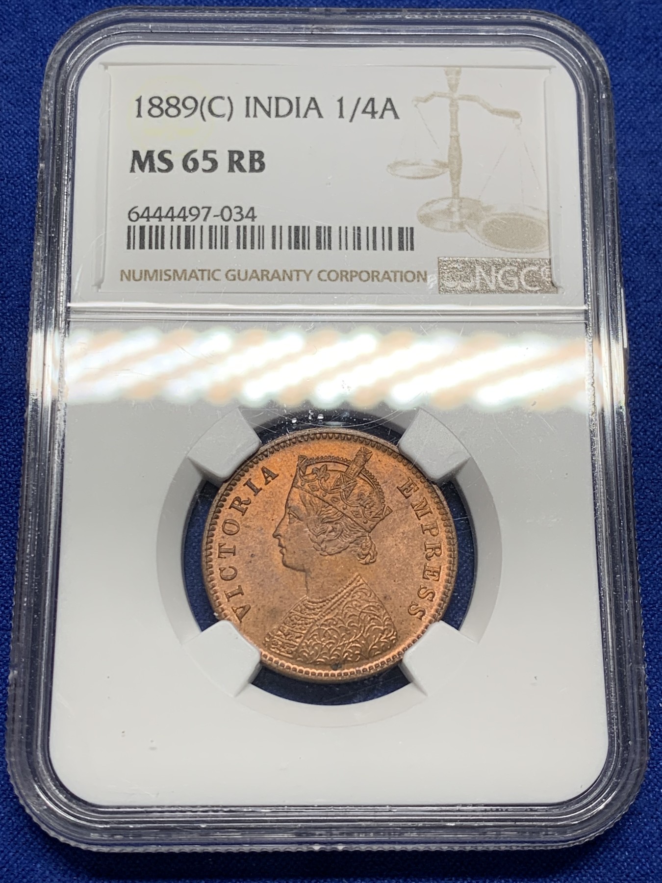 《竞宝斋》第208场-周日，周一 2场 (全场包邮) NGC MS65RB 英属印度1889年维多利亚1/4安娜铜币