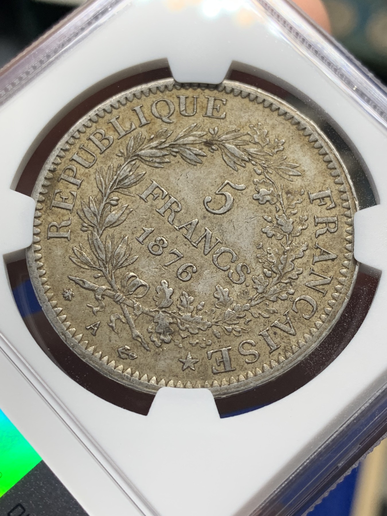 《竞宝斋》第208场-周日，周一 2场 (全场包邮) NGC-AU55 法国 1876A 大力神5法郎 银币 原味包浆 不多的年份