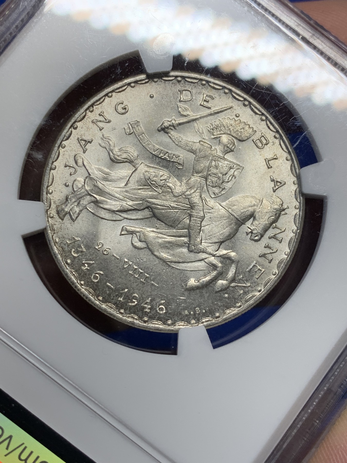 《竞宝斋》第208场-周日，周一 2场 (全场包邮) NGC-MS63 卢森堡1946年盲人约翰50法郎马剑银币