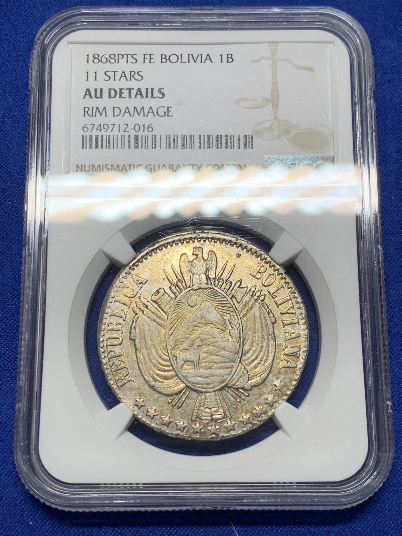 《竞宝斋》第208场-周日，周一 2场 (全场包邮) NGC  AUD 1868玻利维亚1玻利瓦尔银币 少见的11星版 淡金色包浆