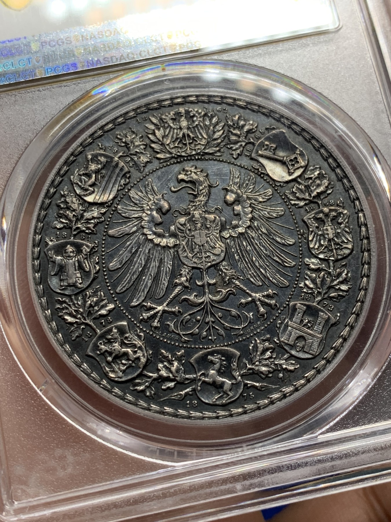 《竞宝斋》第208场-周日，周一 2场 (全场包邮) PCGS SP63 德国 1887法兰克福射击纪念银章 深彩包浆 高度浮雕 非常的漂亮 难得状态