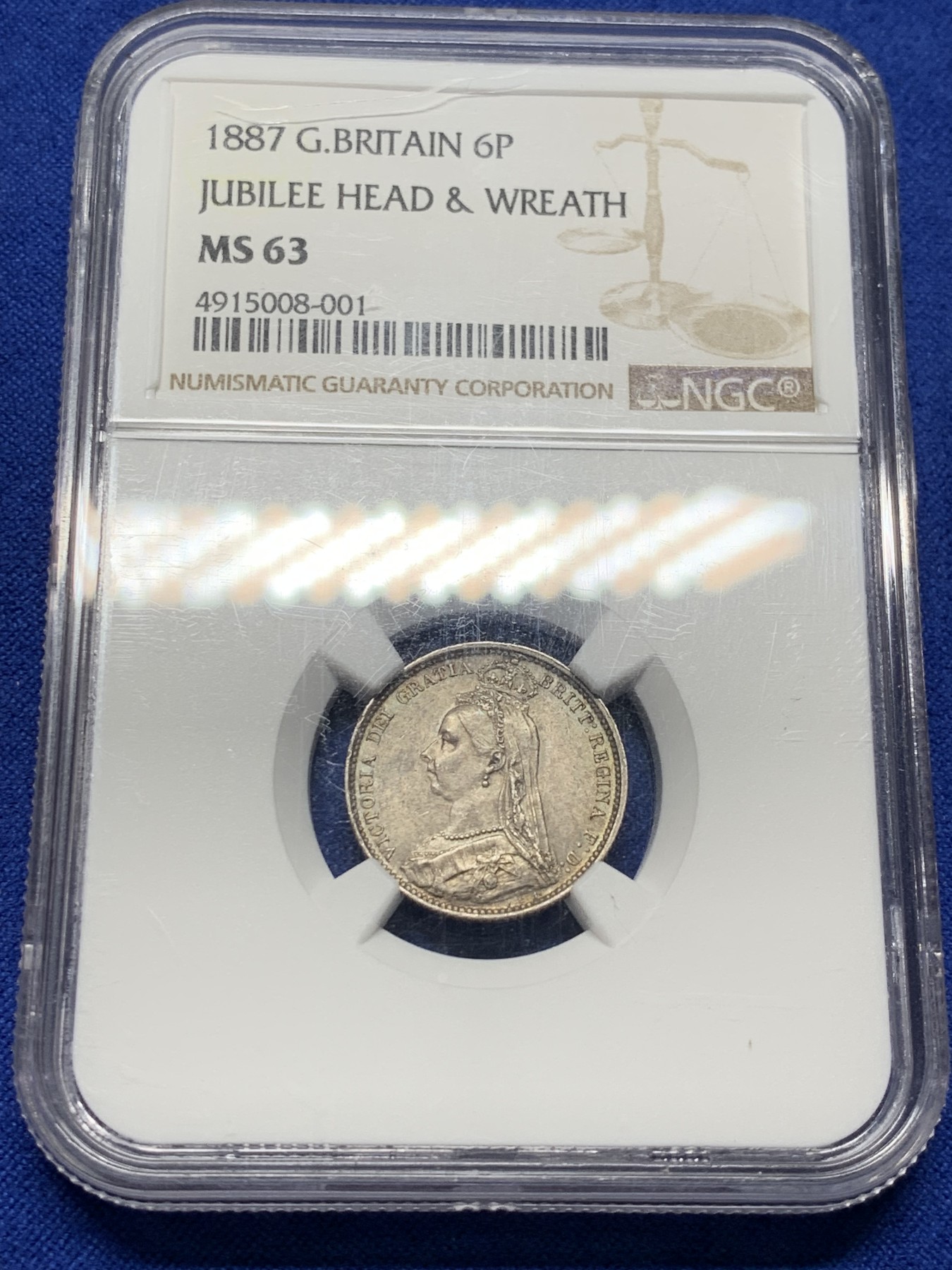 《竞宝斋》第208场-周日，周一 2场 (全场包邮) NGC  MS63  英国1887维多利亚女王头像数字6便士银币