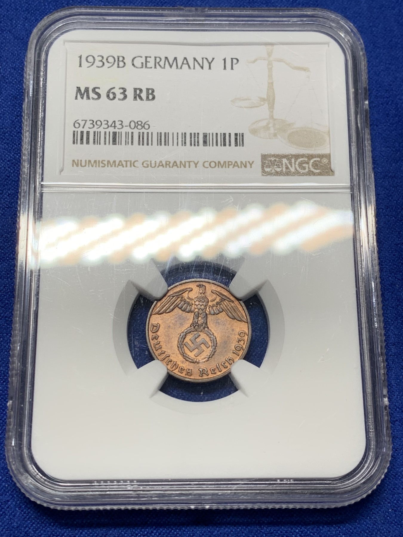 《竞宝斋》第208场-周日，周一 2场 (全场包邮) NGC MS63RB 德国1939年1芬尼铜币