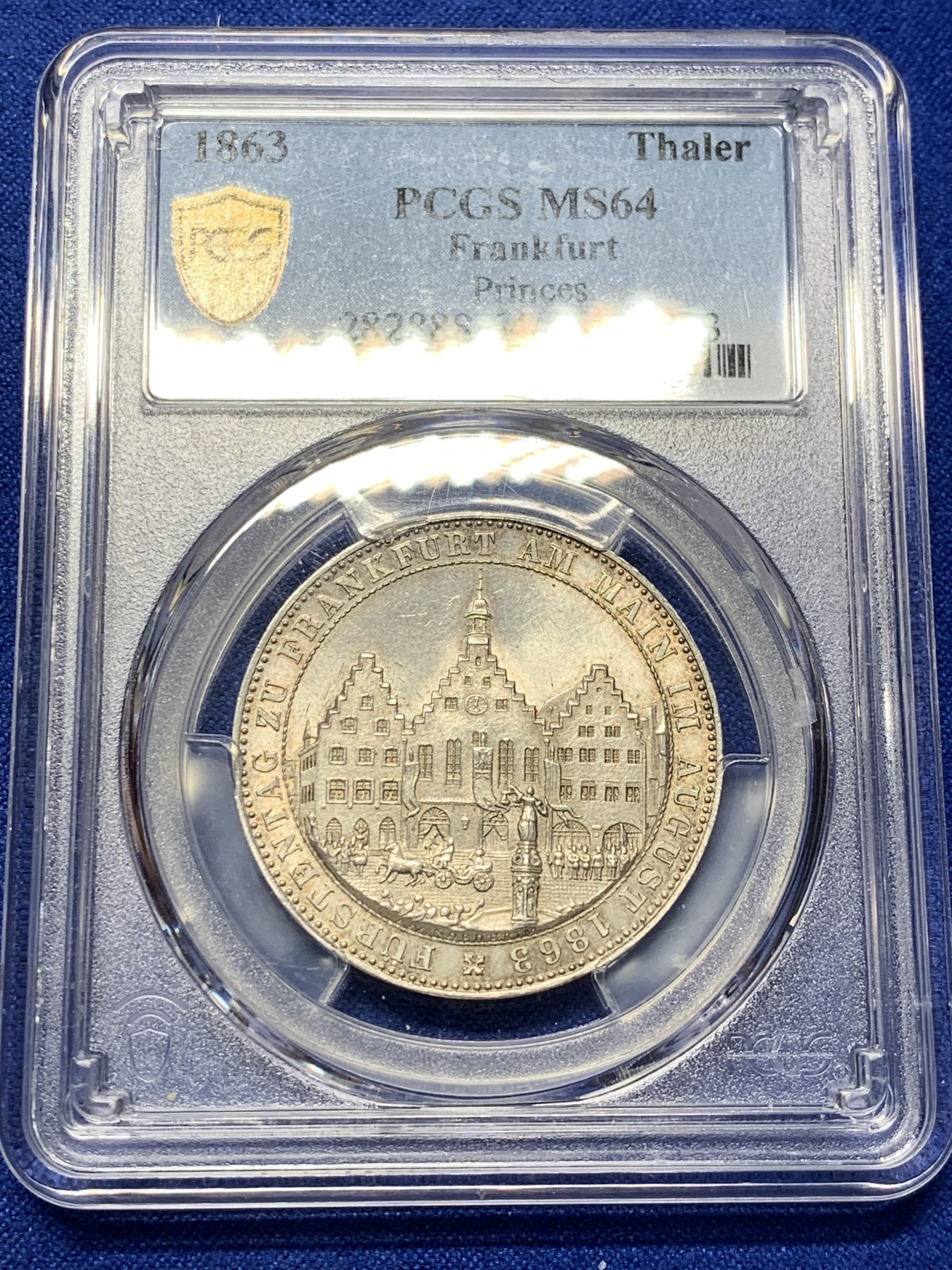《竞宝斋》第208场-周日，周一 2场 (全场包邮) PCGS MS64 德国法兰克福 1863 王子会议 城市景观泰勒 双面均匀的淡彩包浆 高分难得
