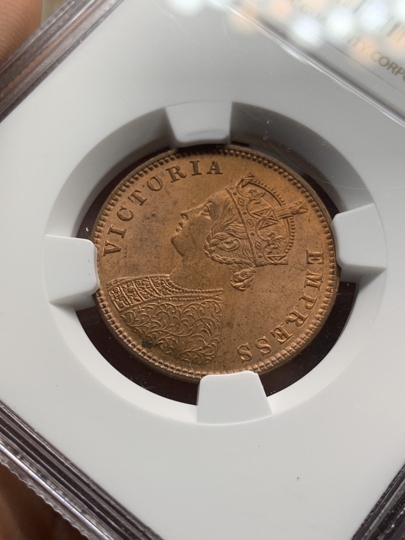 《竞宝斋》第208场-周日，周一 2场 (全场包邮) NGC MS65RB 英属印度1889年维多利亚1/4安娜铜币