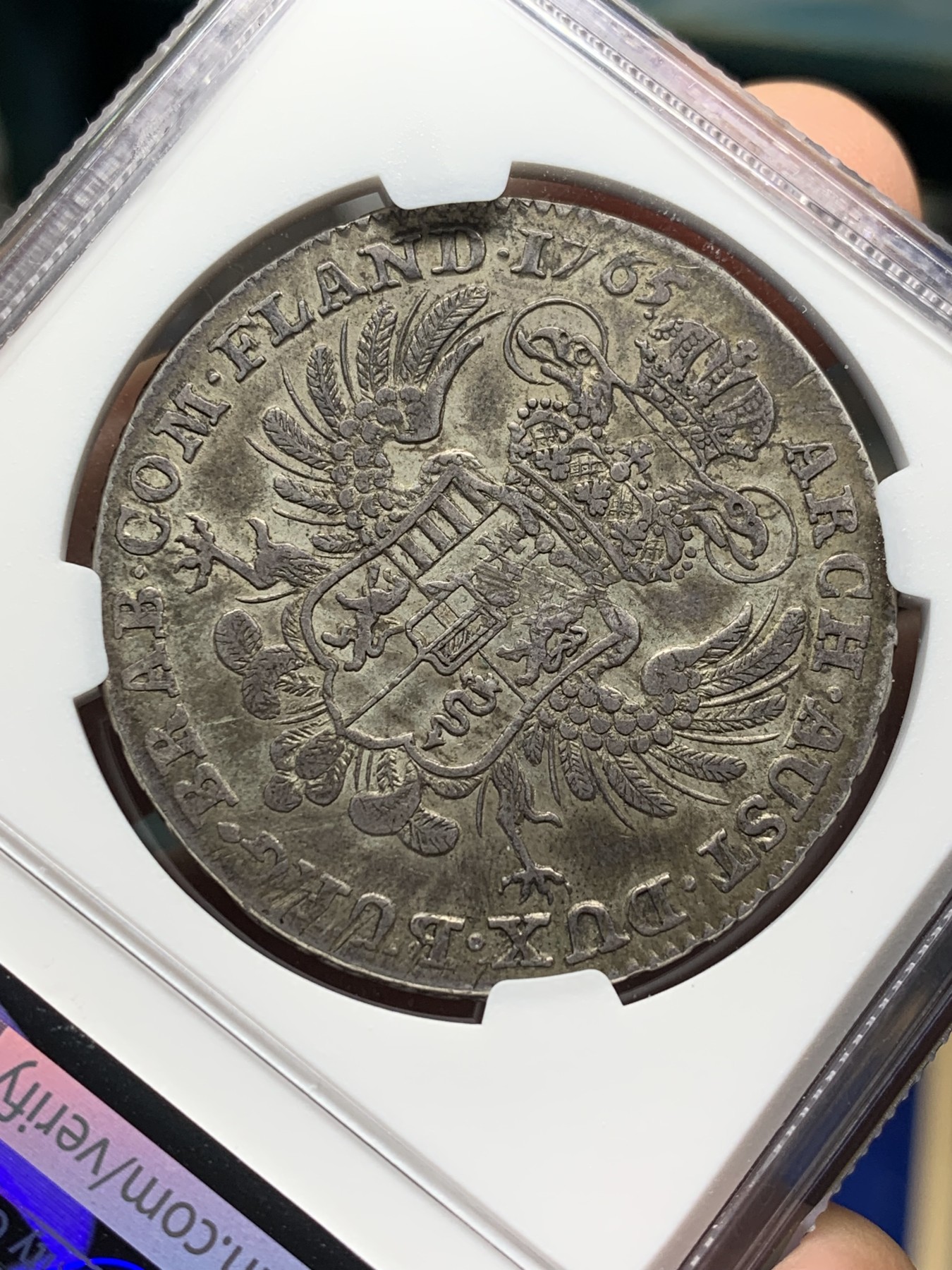 《竞宝斋》第208场-周日，周一 2场 (全场包邮) NGC VF30奥属尼德兰1765年布鲁塞尔铸币厂四角冠原味1KT大银同级别亚军分数 双面深褐色包浆 非常难得