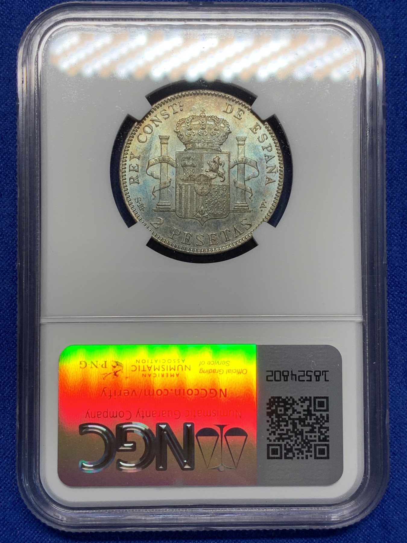 《竞宝斋》第208场-周日，周一 2场 (全场包邮) NGC-AU58 西班牙1905阿方索十三世2比塞塔银币