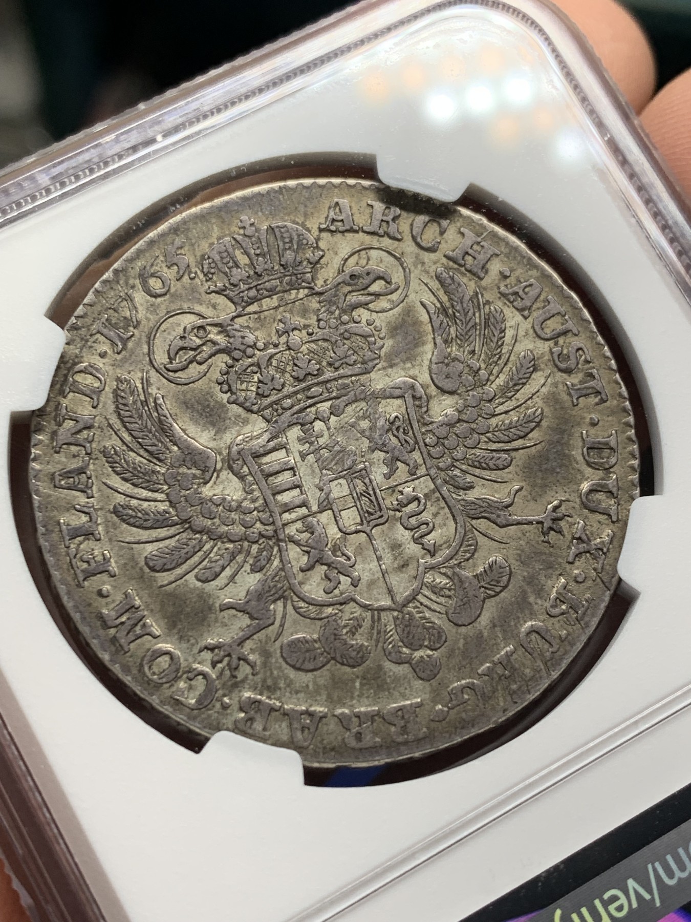 《竞宝斋》第208场-周日，周一 2场 (全场包邮) NGC VF30奥属尼德兰1765年布鲁塞尔铸币厂四角冠原味1KT大银同级别亚军分数 双面深褐色包浆 非常难得