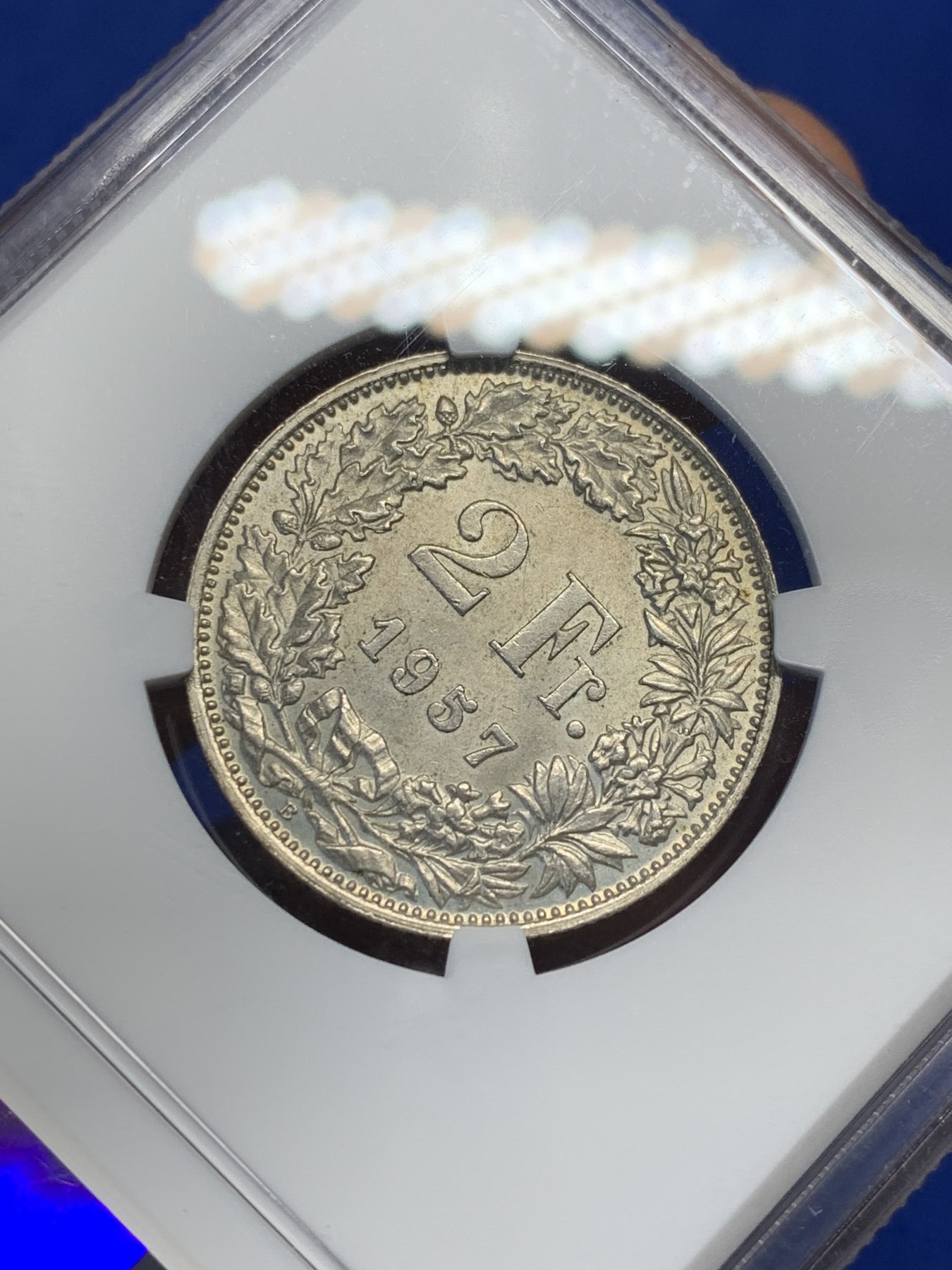 《竞宝斋》第208场-周日，周一 2场 (全场包邮) NGC-MS63 瑞士1957年 雪山女神2法郎银币