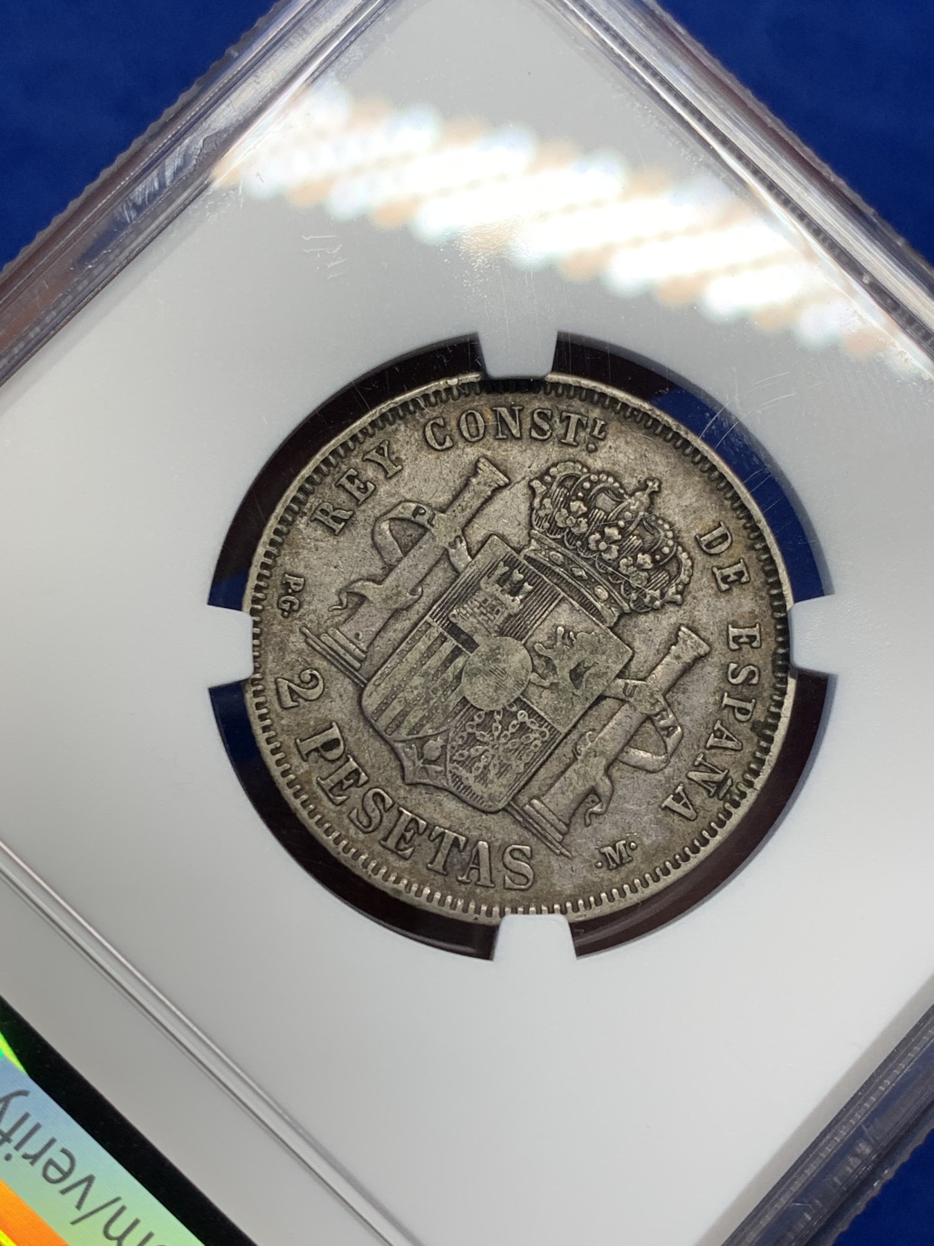 《竞宝斋》第208场-周日，周一 2场 (全场包邮) NGC-XF40 西班牙 1892年阿方索十三世光头版2比塞塔双柱银币 娃娃头 比5比塞塔少不少