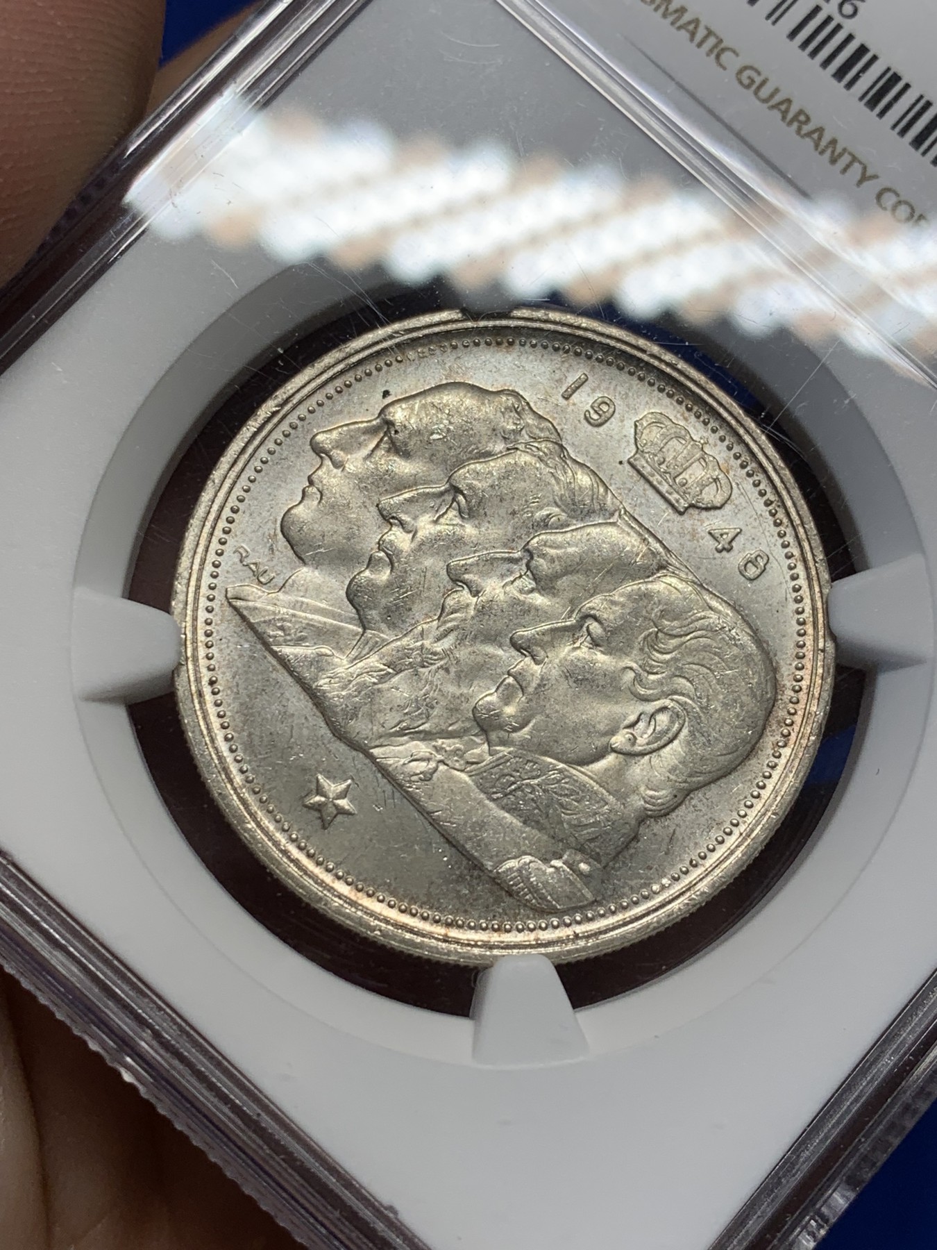 《竞宝斋》第208场-周日，周一 2场 (全场包邮) NGC MS64 比利时1948年100法郎银币