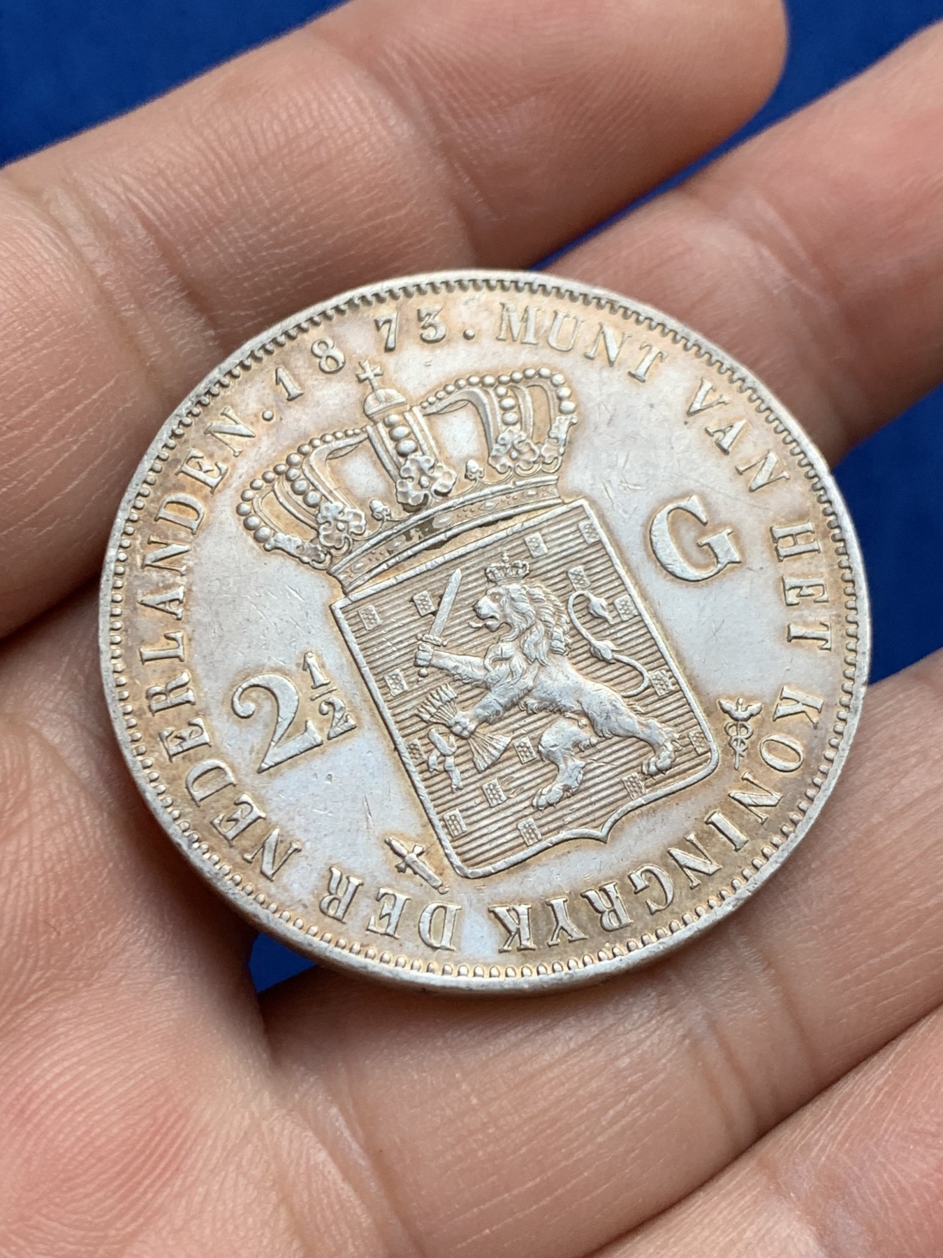 《竞宝斋》第208场-周日，周一 2场 (全场包邮) 荷兰 威廉三世 1873年 2.5盾银币 背面带光