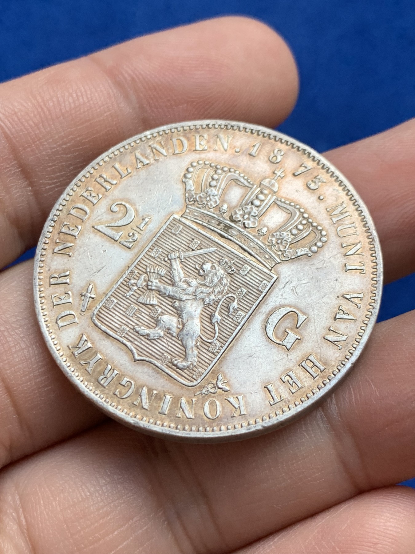 《竞宝斋》第208场-周日，周一 2场 (全场包邮) 荷兰 威廉三世 1873年 2.5盾银币 背面带光