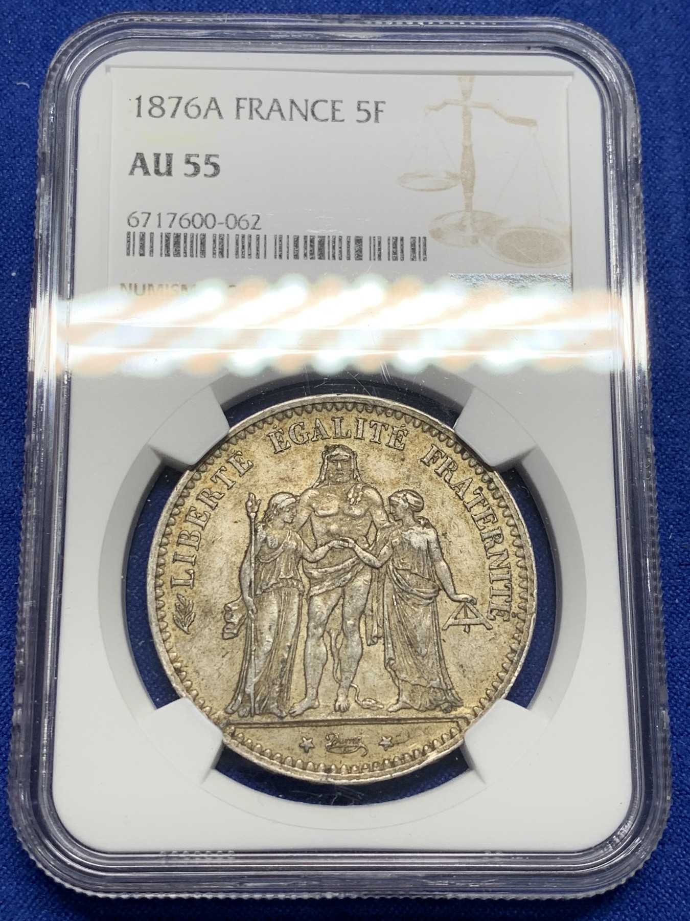 《竞宝斋》第208场-周日，周一 2场 (全场包邮) NGC-AU55 法国 1876A 大力神5法郎 银币 原味包浆 不多的年份