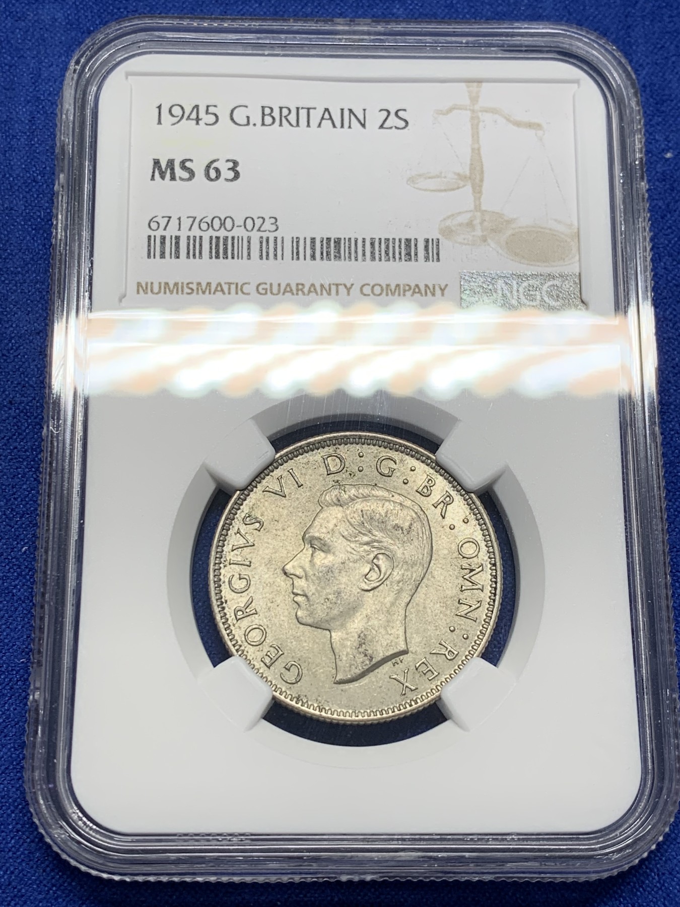 《竞宝斋》第208场-周日，周一 2场 (全场包邮) NGC MS63 英国 1945年 乔治六世 2先令 =1福林 银币