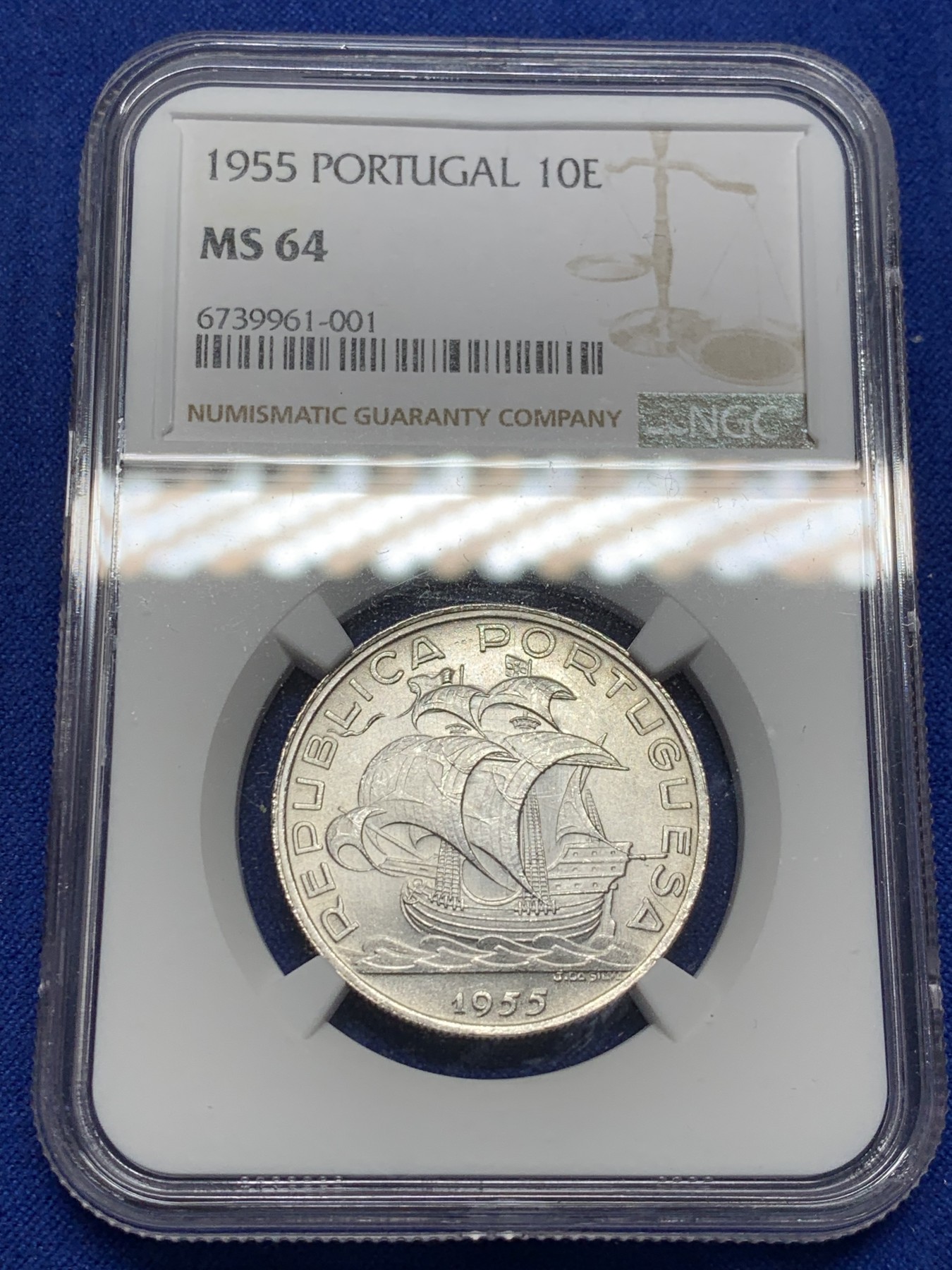 《竞宝斋》第208场-周日，周一 2场 (全场包邮) NGC MS64 葡萄牙1955年大帆船10埃斯库多银币