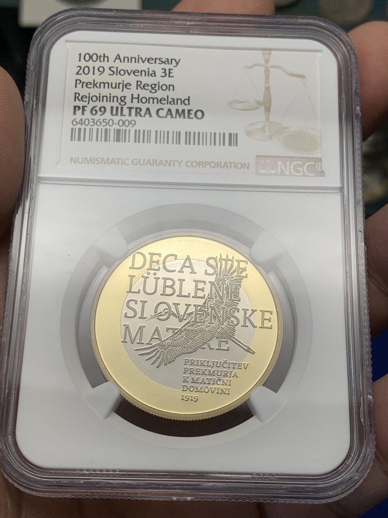 《竞宝斋》第208场-周日，周一 2场 (全场包邮) NGC-PF69UC 斯洛文尼亚 2019年普雷克穆列地区回归100周年精制纪念币 冠军分 稀少品种