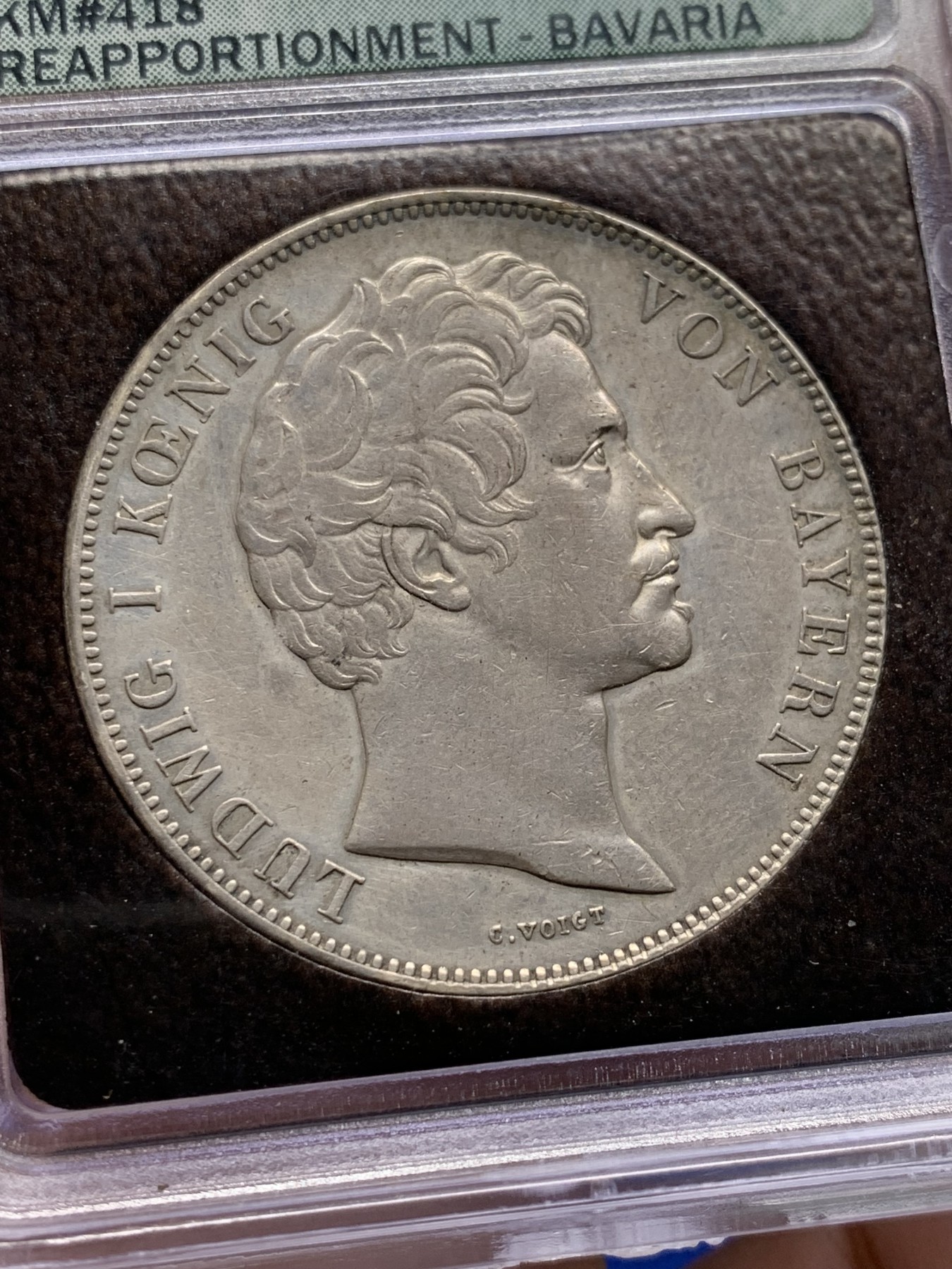 《竞宝斋》第208场-周日，周一 2场 (全场包邮) ICG EF40 德国 1838年 巴伐利亚议会 同盟 2泰勒大银币 37克 早期大银币 细节好 小蛮腰盒子非常经典