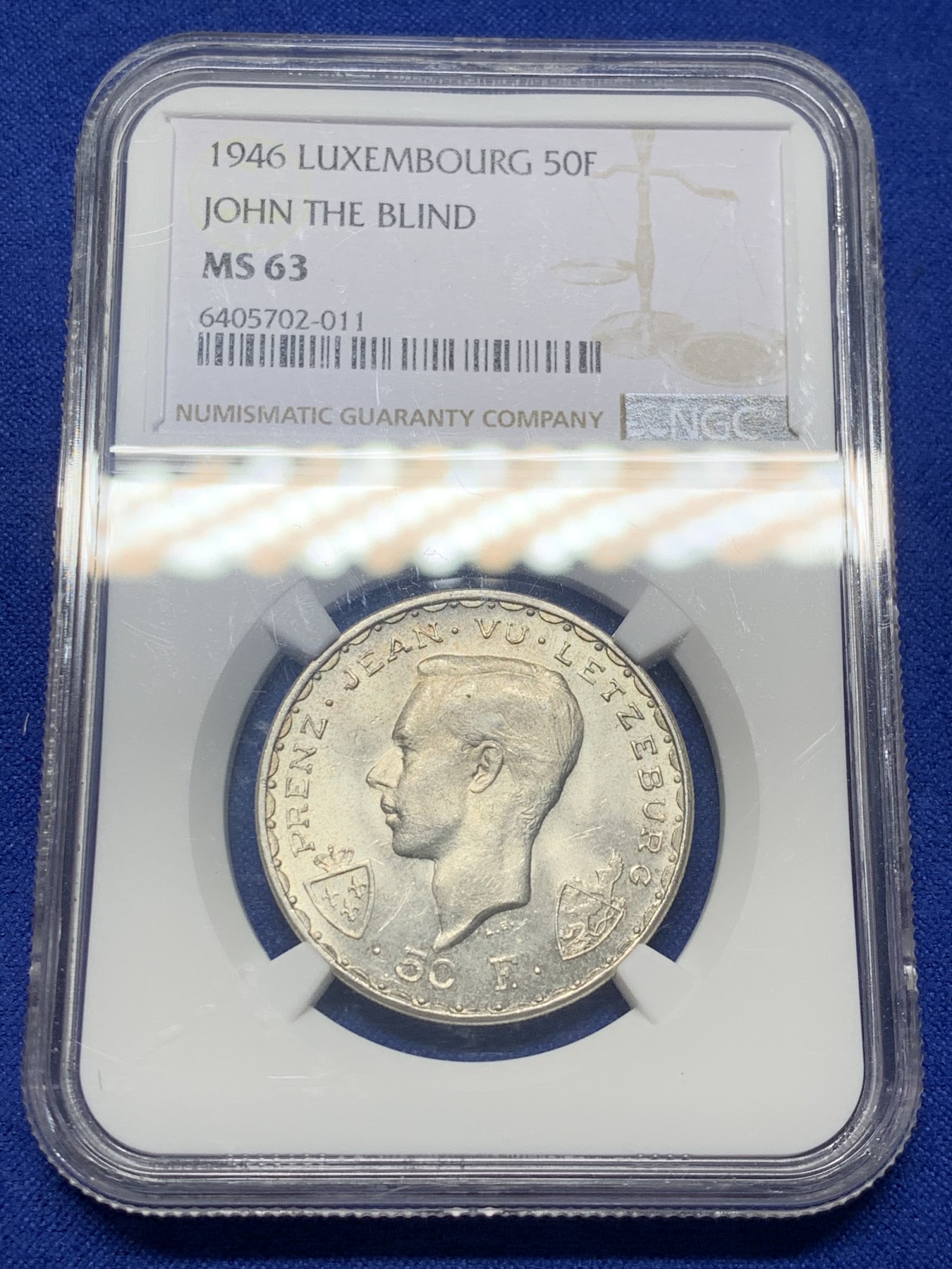 《竞宝斋》第208场-周日，周一 2场 (全场包邮) NGC-MS63 卢森堡1946年盲人约翰50法郎马剑银币