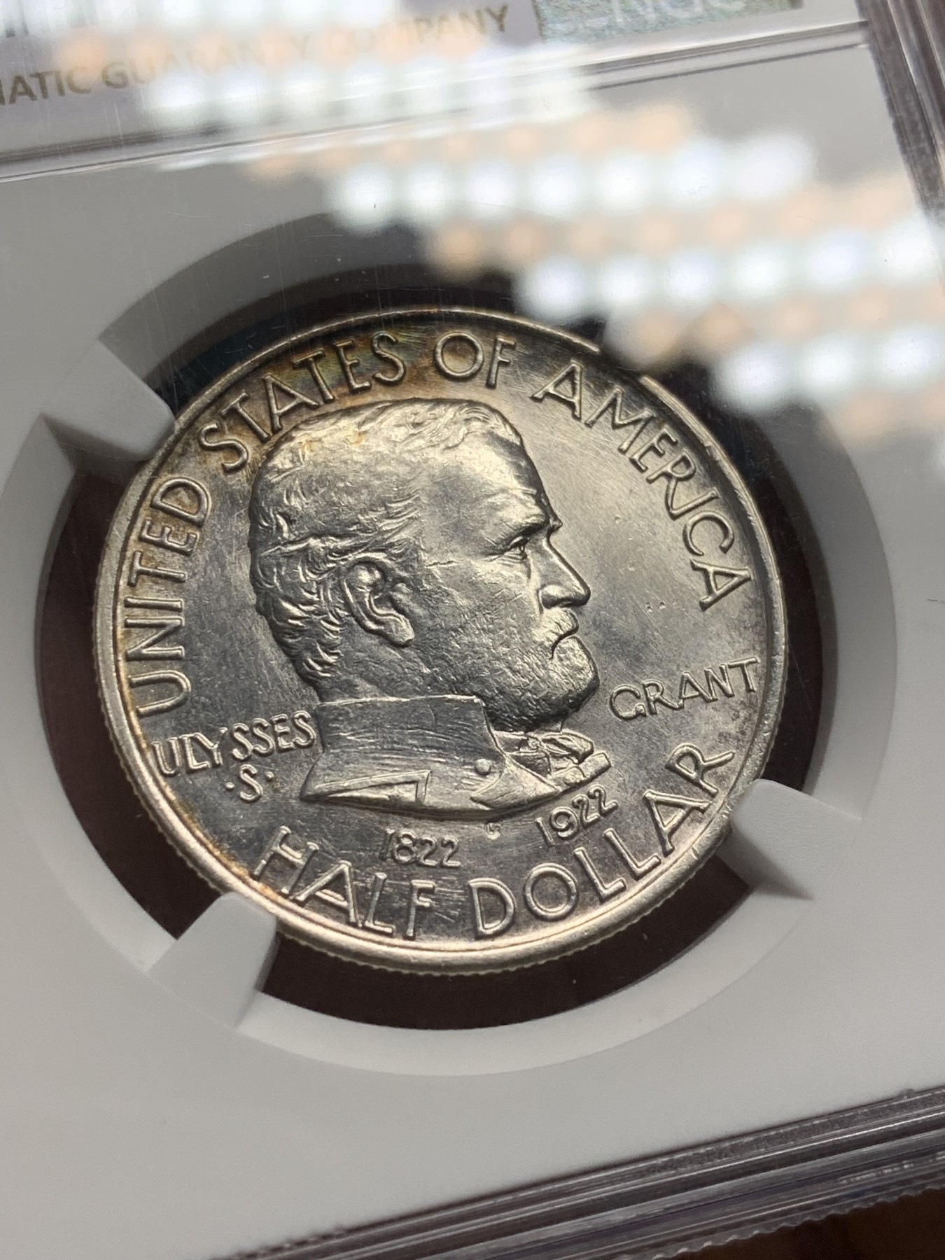 《竞宝斋》第208场-周日，周一 2场 (全场包邮) NGC-UNCD 美国1922年格兰特将军 半美元纪念银币  带点彩 整体状态不错