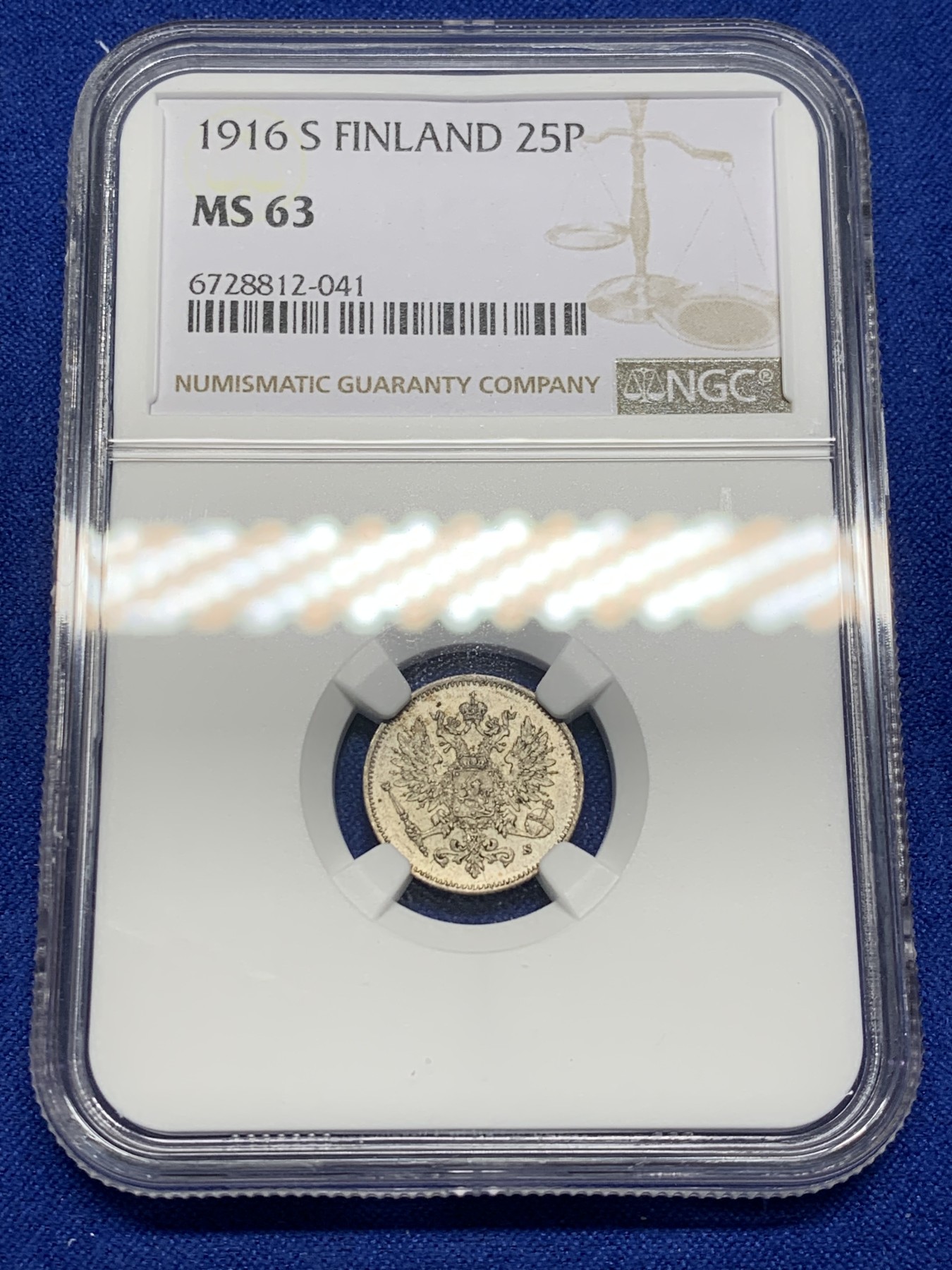 《竞宝斋》第208场-周日，周一 2场 (全场包邮) NGC-MS63 俄属芬兰1916年双头鹰25分银币