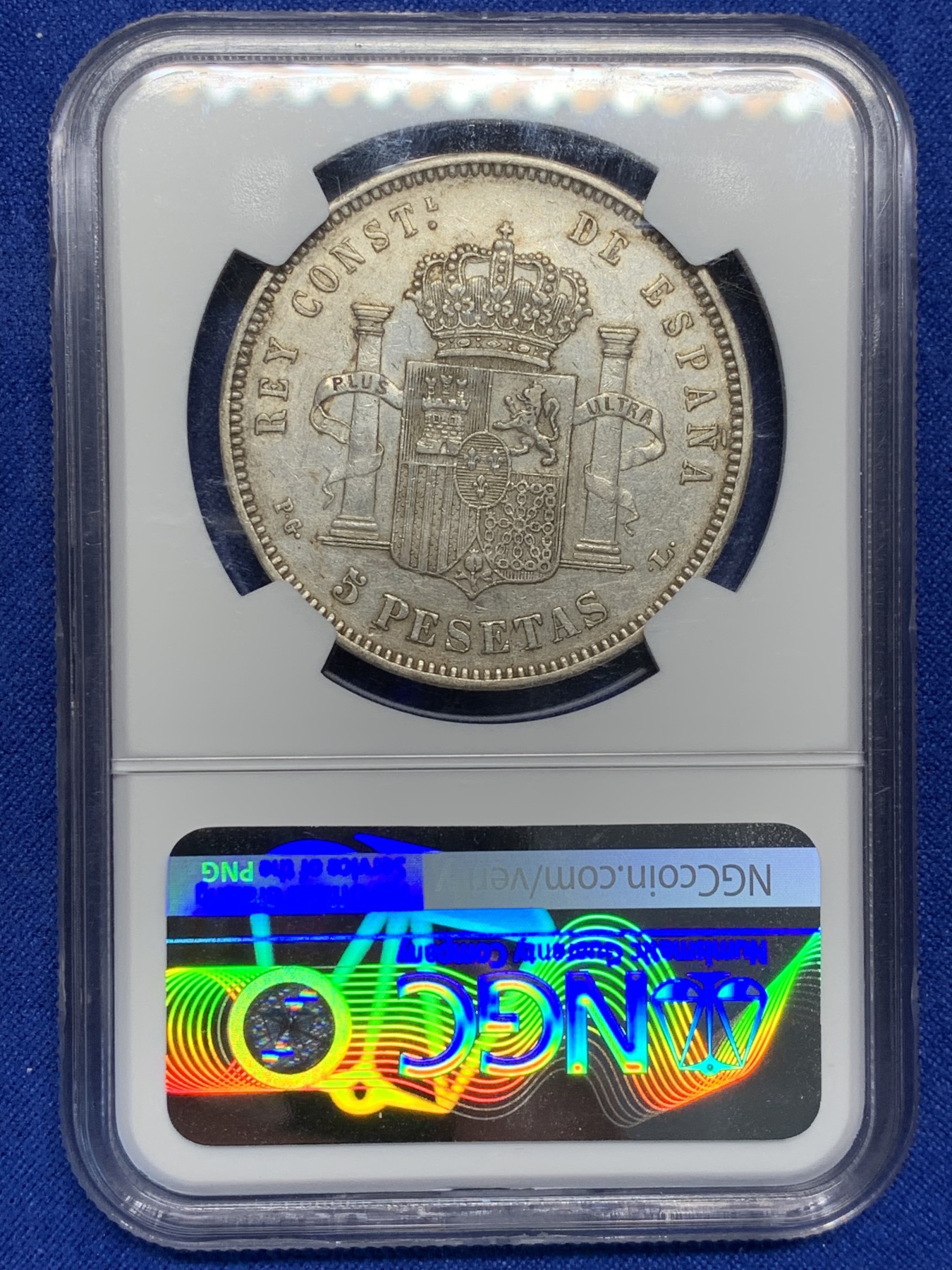 《竞宝斋》第208场-周日，周一 2场 (全场包邮) NGC-XF45 西班牙1893年 阿方索十三世 5比塞塔爆炸头 双柱大银币