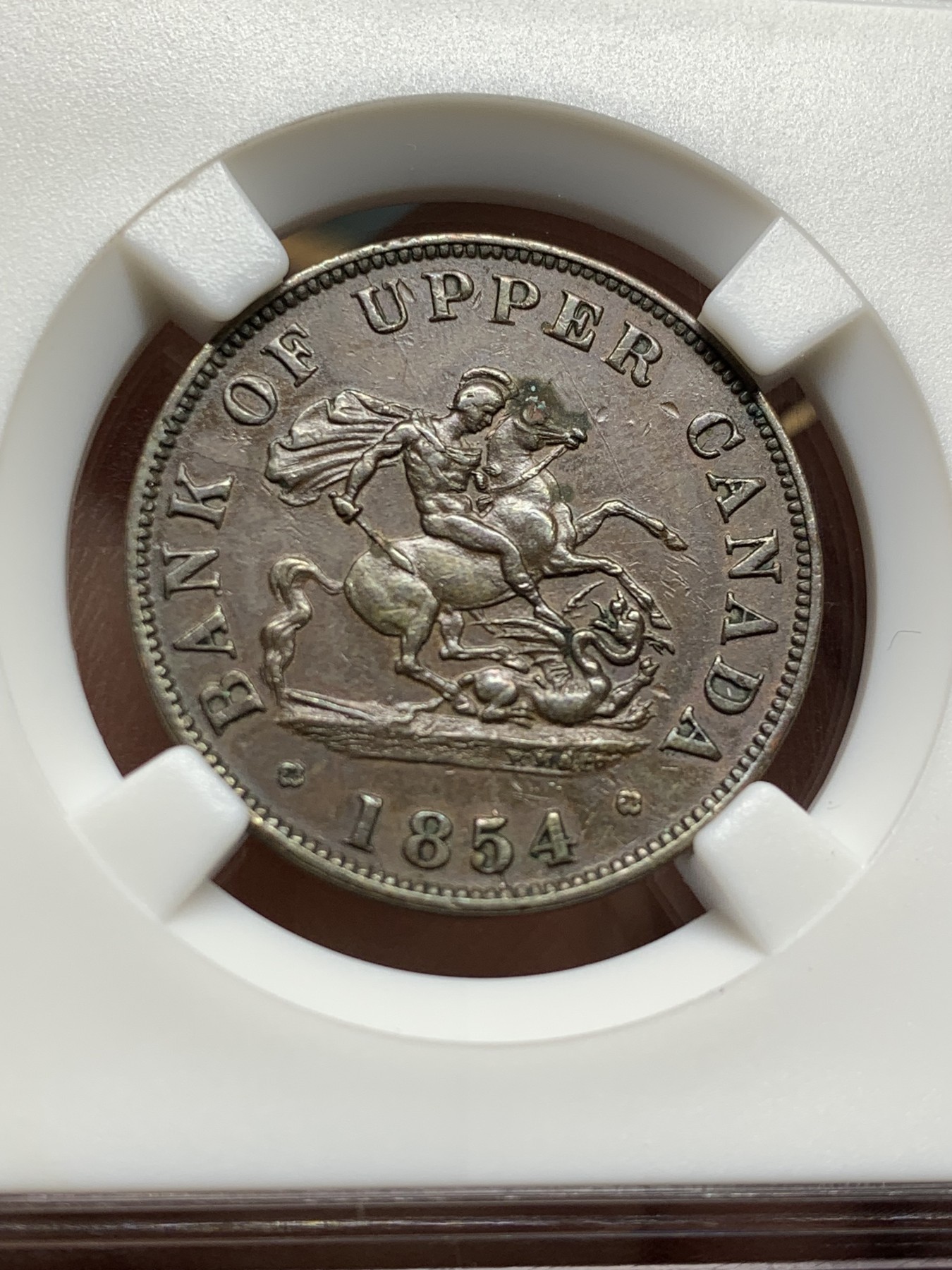 《竞宝斋》第208场-周日，周一 2场 (全场包邮) 铜代币两枚一组 加拿大安大略省马剑 1857年1便士+1854年半便士，稀有题材，值得收藏