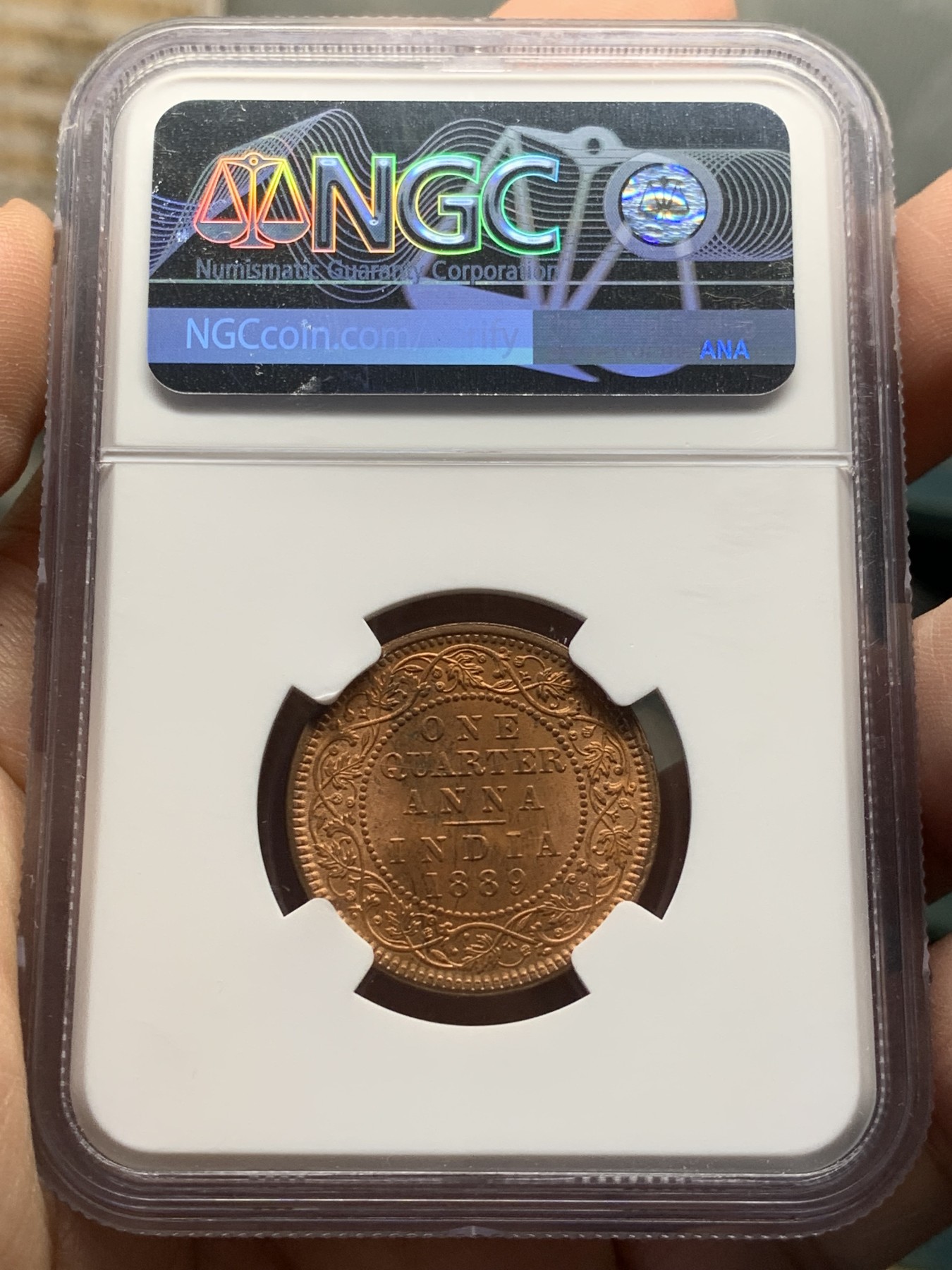 《竞宝斋》第208场-周日，周一 2场 (全场包邮) NGC MS65RB 英属印度1889年维多利亚1/4安娜铜币