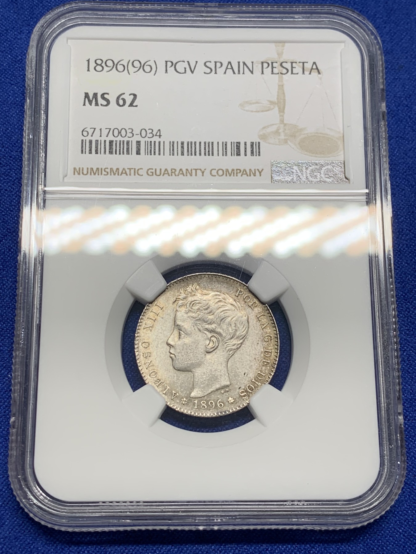 《竞宝斋》第208场-周日，周一 2场 (全场包邮) NGC MS62 西班牙1896年阿方索十三世1比塞塔银币 MS难得