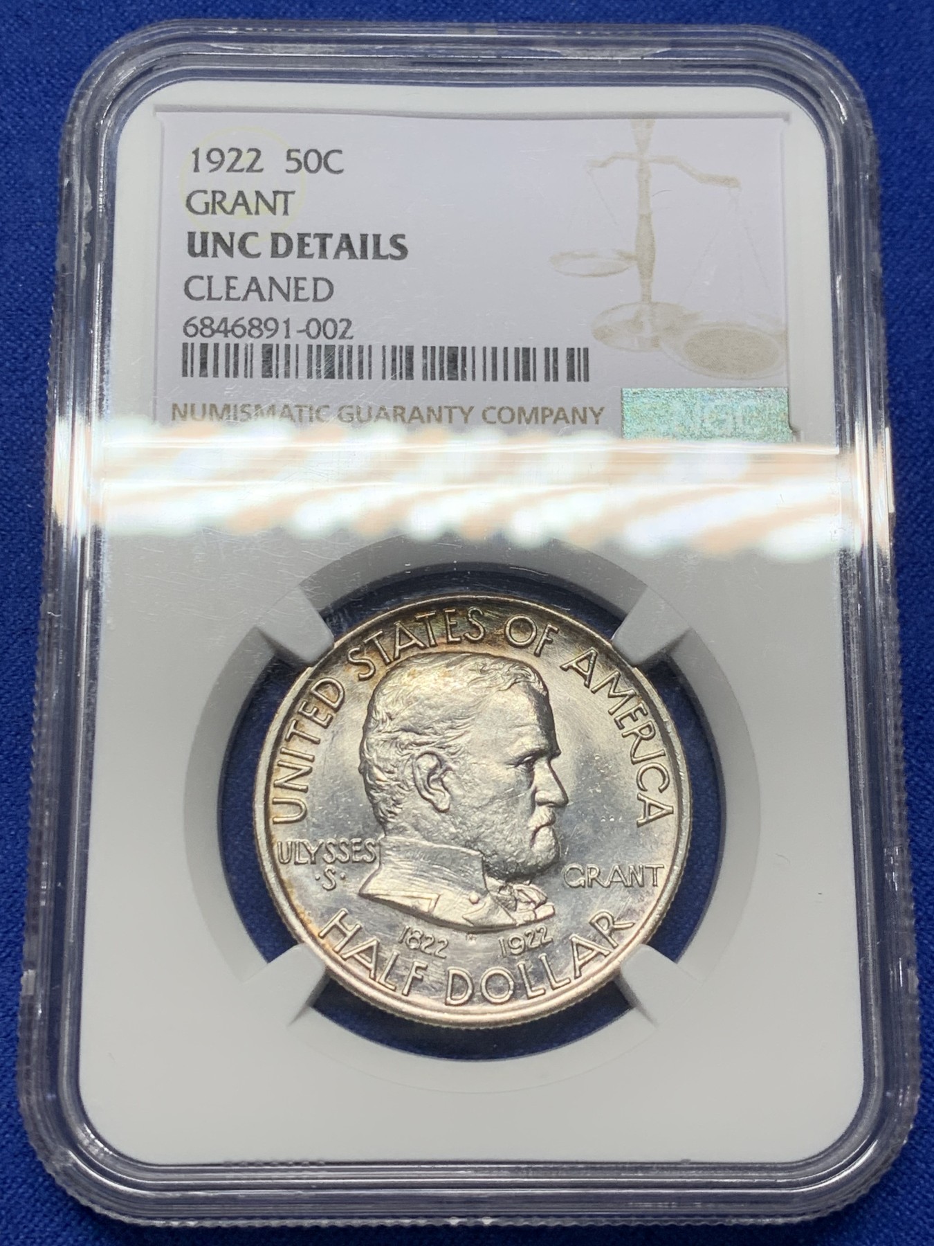 《竞宝斋》第208场-周日，周一 2场 (全场包邮) NGC-UNCD 美国1922年格兰特将军 半美元纪念银币  带点彩 整体状态不错