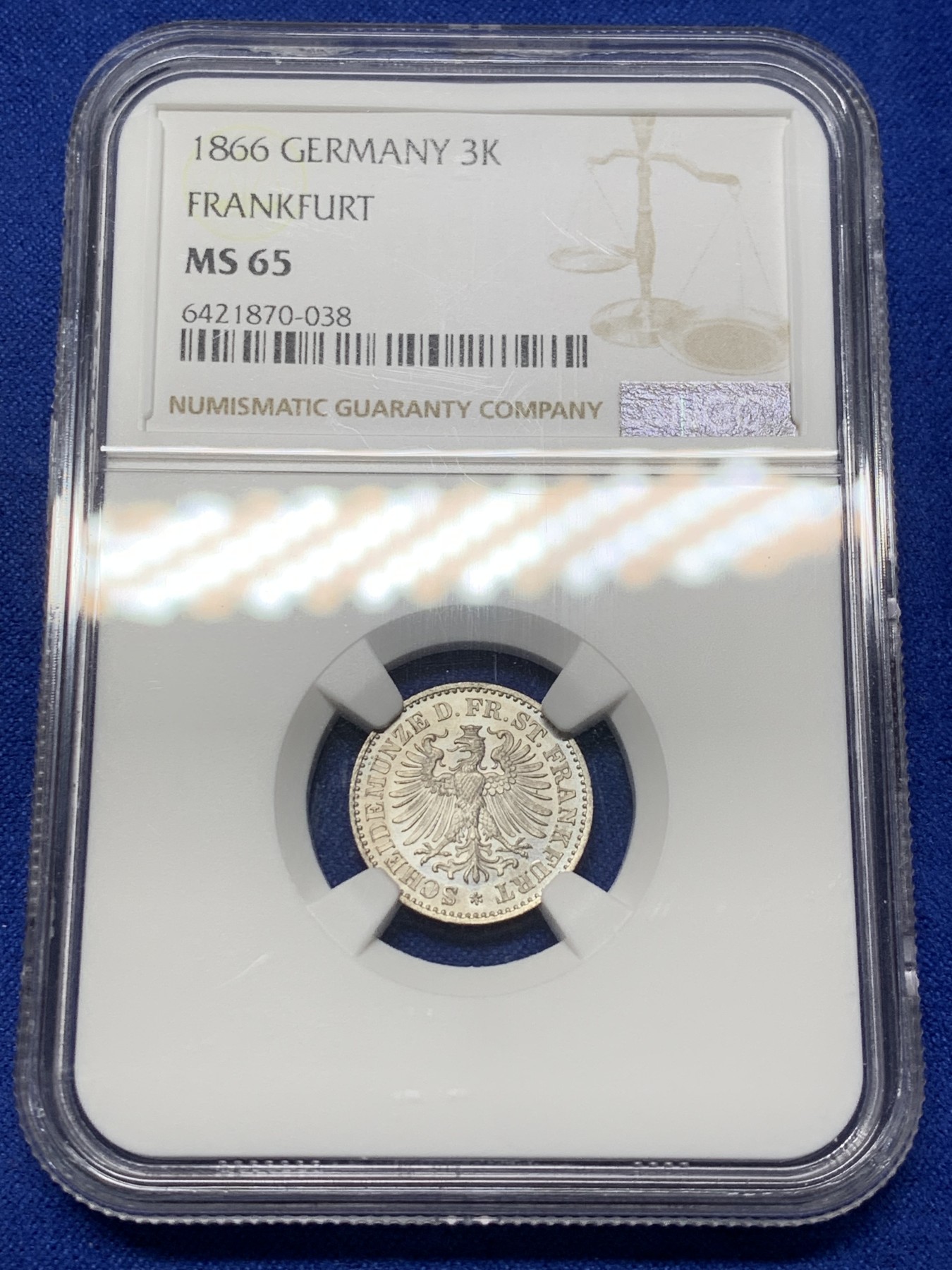 《竞宝斋》第208场-周日，周一 2场 (全场包邮) 两枚一组 NGC-MS65 法兰克福1866年1克鲁泽、3克鲁泽银币一对，高分难得 十分漂亮