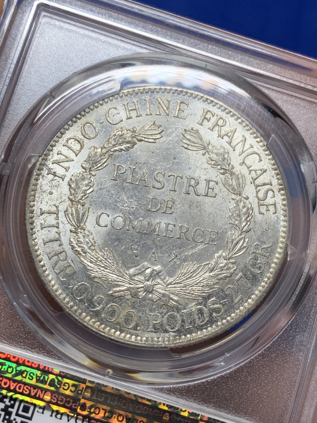 《竞宝斋》第208场-周日，周一 2场 (全场包邮) PCGS UNC 法属坐洋1皮亚斯特银币 1909A 原光 状态极好