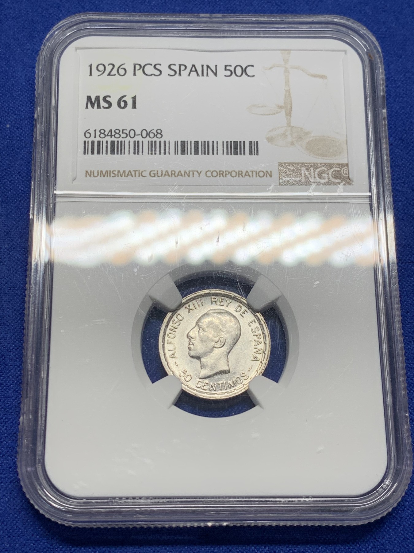 《竞宝斋》第208场-周日，周一 2场 (全场包邮) NGC MS61 西班牙 1926年 阿方索十三世 50分银币