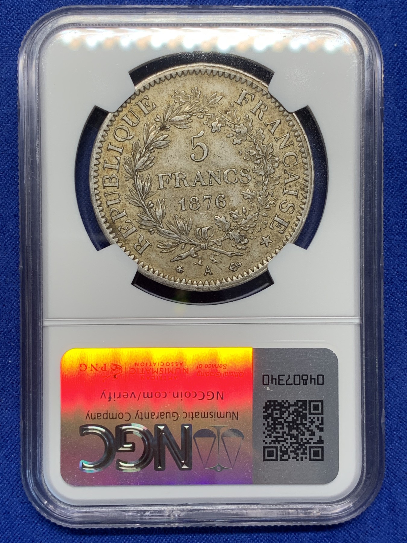 《竞宝斋》第208场-周日，周一 2场 (全场包邮) NGC-AU55 法国 1876A 大力神5法郎 银币 原味包浆 不多的年份