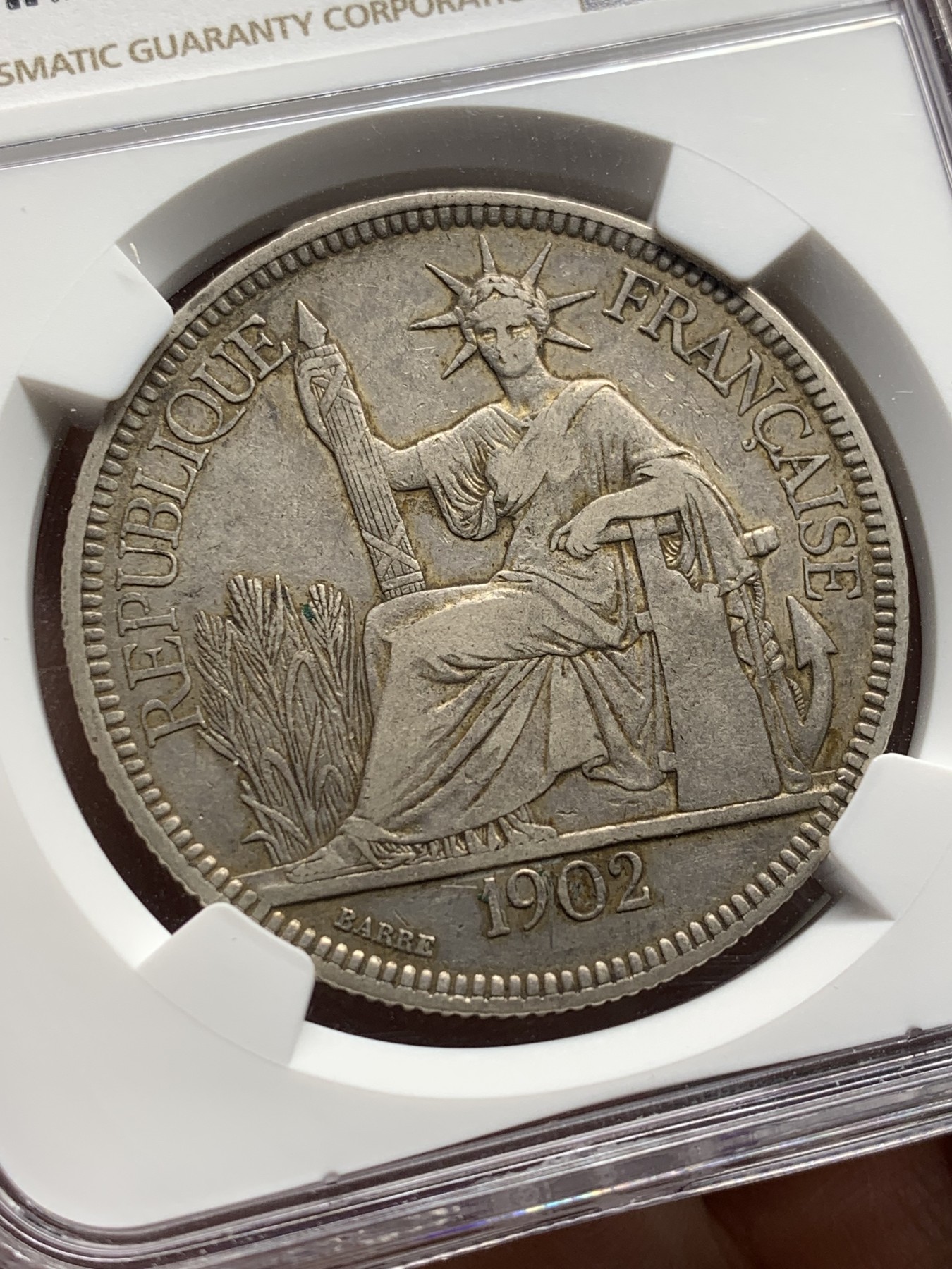 《竞宝斋》第208场-周日，周一 2场 (全场包邮) NGC-XF45 法属坐洋1皮亚斯特银币 1902A 原味 状态好