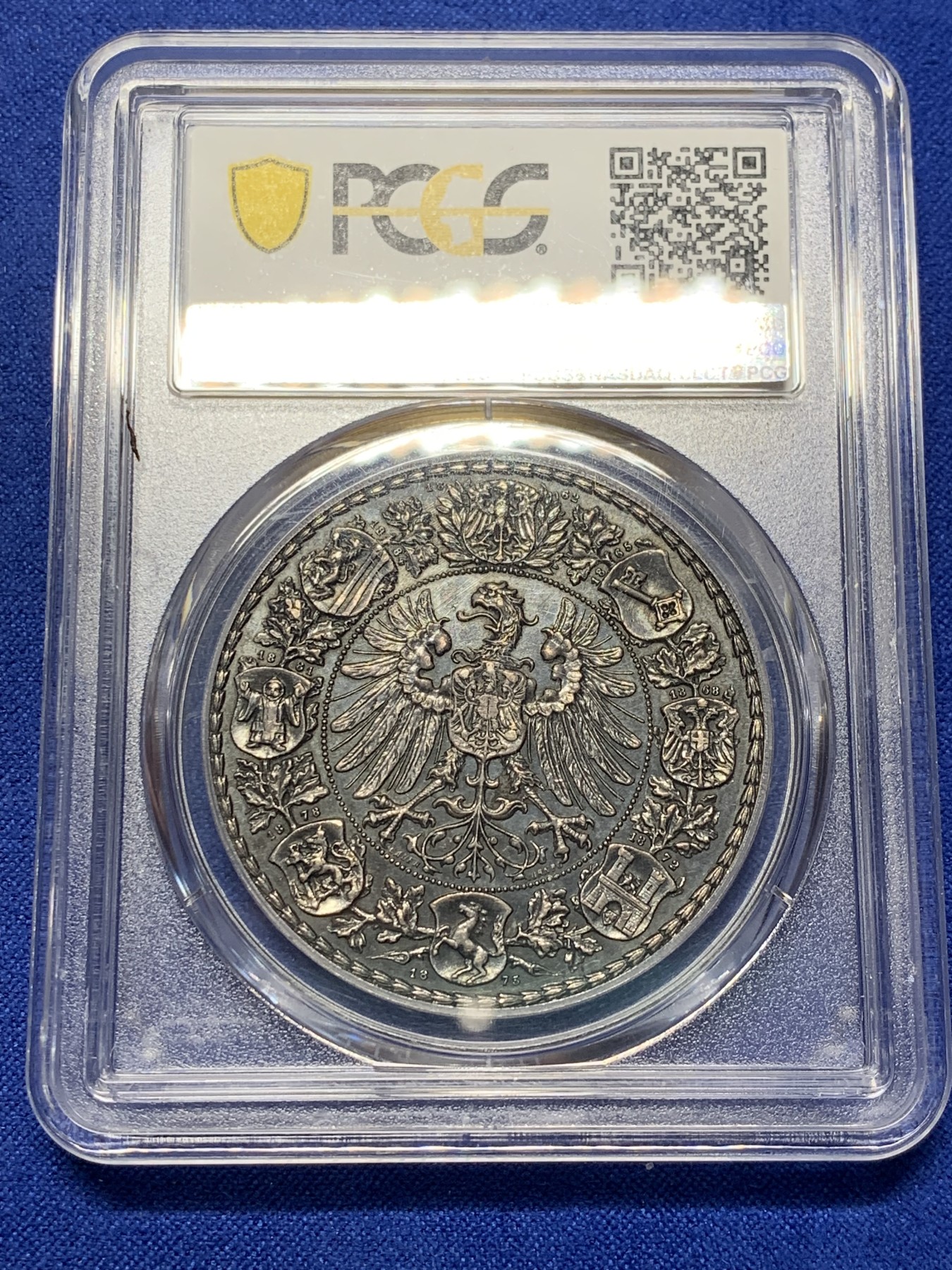 《竞宝斋》第208场-周日，周一 2场 (全场包邮) PCGS SP63 德国 1887法兰克福射击纪念银章 深彩包浆 高度浮雕 非常的漂亮 难得状态