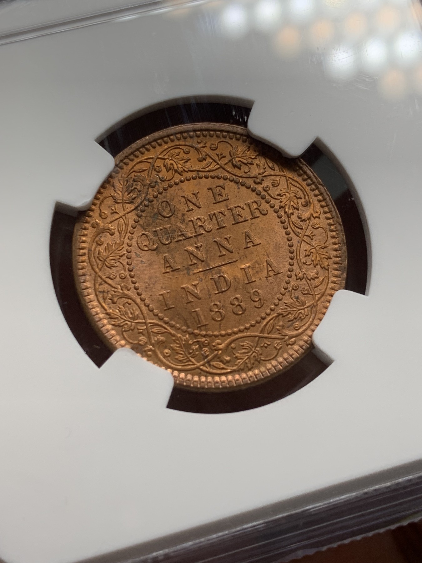 《竞宝斋》第208场-周日，周一 2场 (全场包邮) NGC MS65RB 英属印度1889年维多利亚1/4安娜铜币