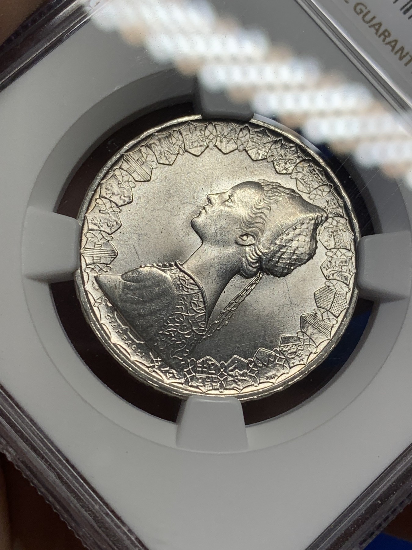 《竞宝斋》第208场-周日，周一 2场 (全场包邮) NGC MS63 意大利1958年500里拉银币 漂亮人妻带点彩 年份少见