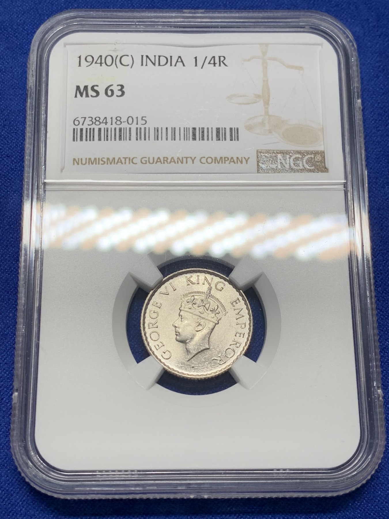 《竞宝斋》第208场-周日，周一 2场 (全场包邮) NGC MS63 英属印度 1940 乔六 1/4卢比银币 大面值常见 1/4的 流通大好品不容易