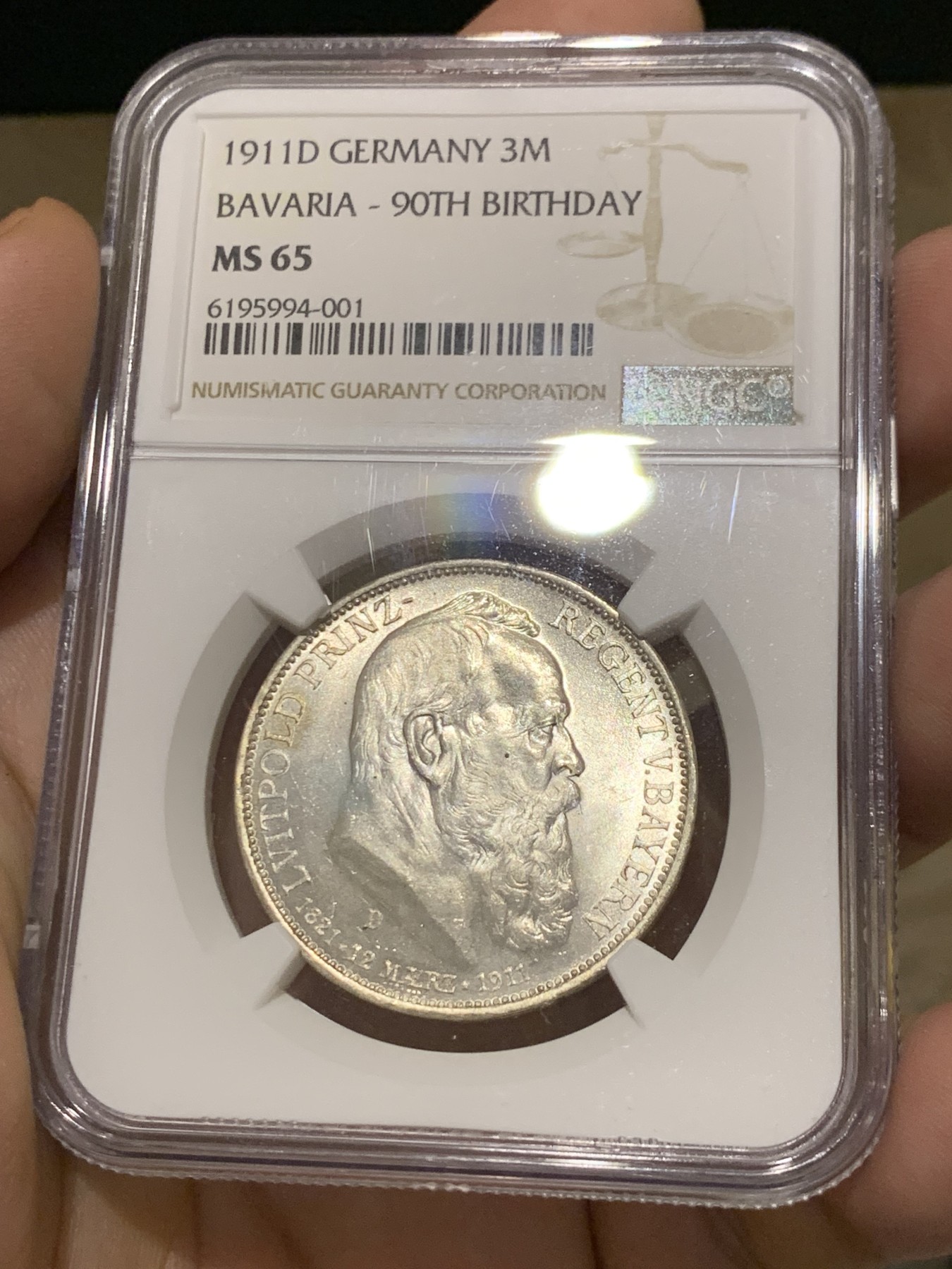 《竞宝斋》第208场-周日，周一 2场 (全场包邮) NGC-MS65 德国 巴伐利亚 1911年 摄政王利奥波德 90大寿纪念 3马克银币 状态好